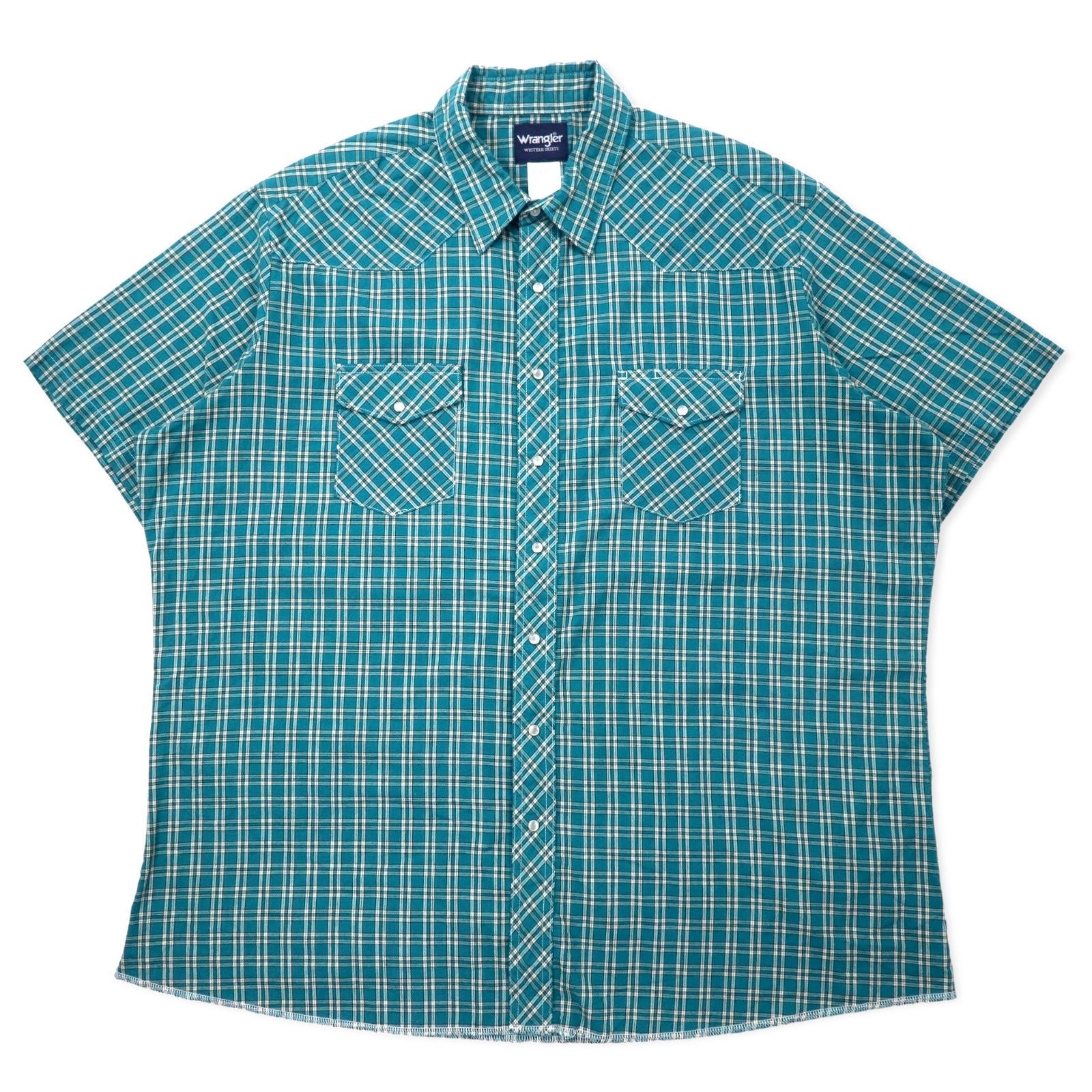 Camicia western a maniche corte Wrangler anni '90, a scacchi, verde, in cotone, con bottoni a pressione, taglia 3XT, oversize.