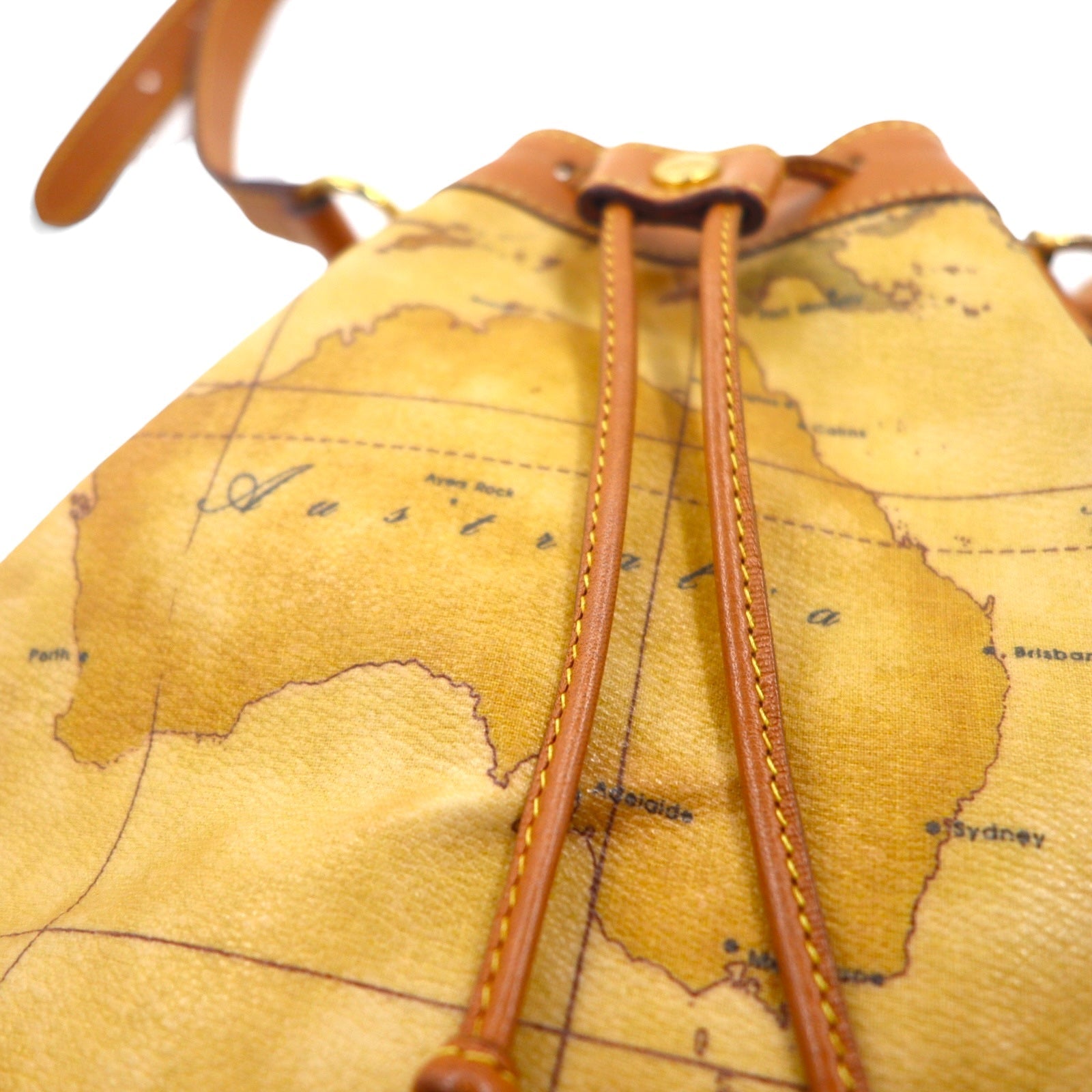 PRIMA CLASSE Borsa a tracolla con coulisse in PVC beige e pelle, motivo mappa del mondo, Made in Italy