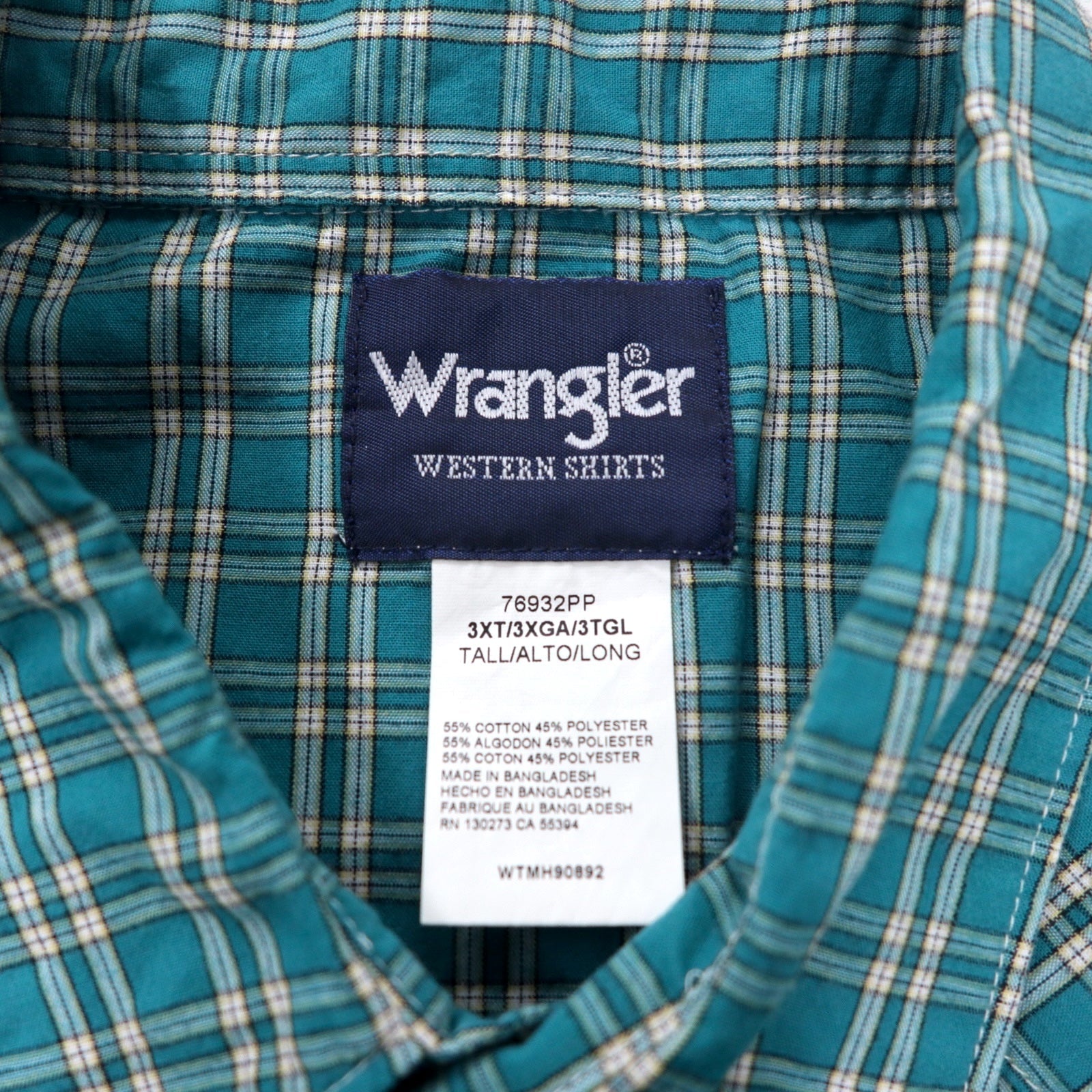Camicia western a maniche corte Wrangler anni '90, a scacchi, verde, in cotone, con bottoni a pressione, taglia 3XT, oversize.
