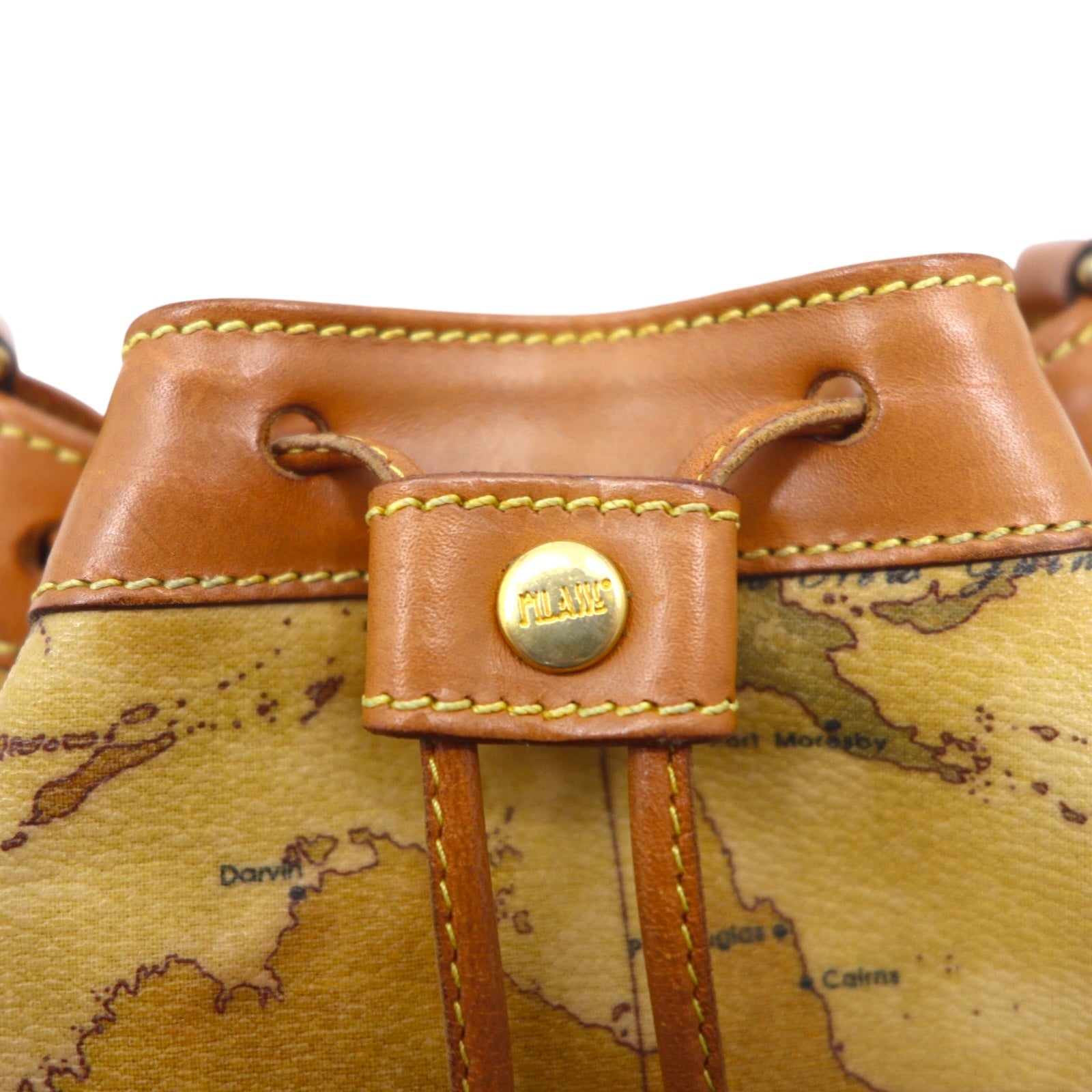PRIMA CLASSE Borsa a tracolla con coulisse in PVC beige e pelle, motivo mappa del mondo, Made in Italy