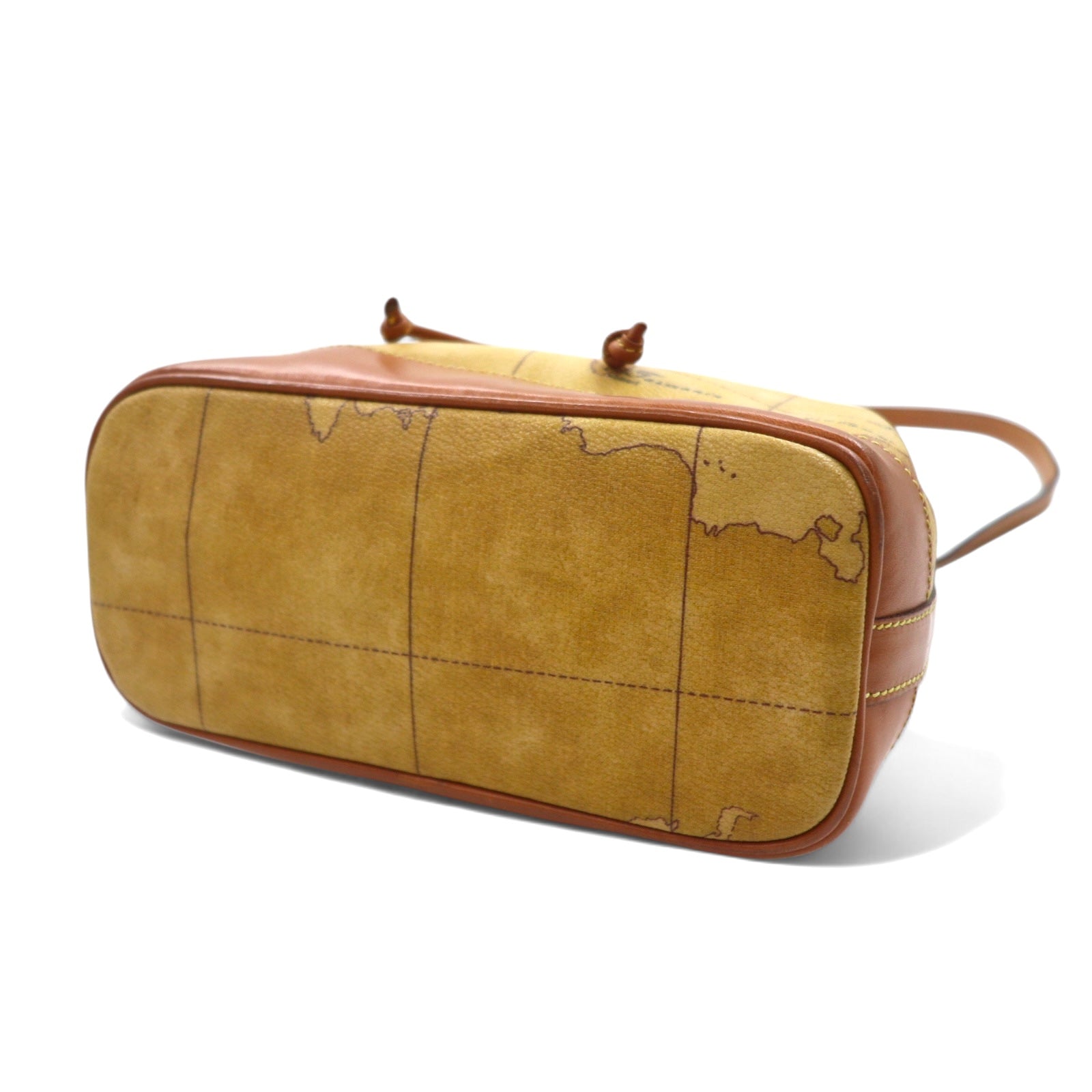 PRIMA CLASSE Borsa a tracolla con coulisse in PVC beige e pelle, motivo mappa del mondo, Made in Italy