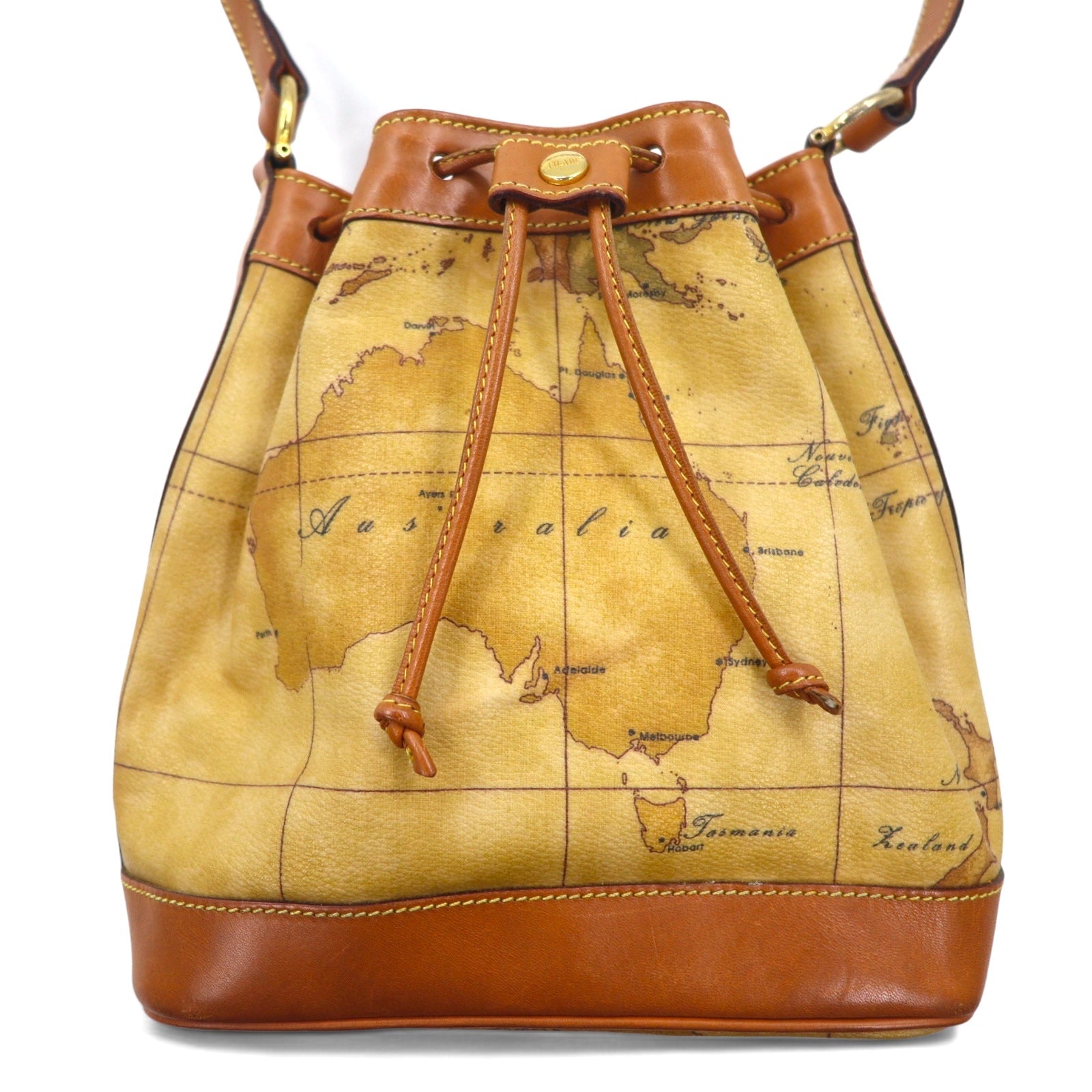 PRIMA CLASSE Borsa a tracolla con coulisse in PVC beige e pelle, motivo mappa del mondo, Made in Italy