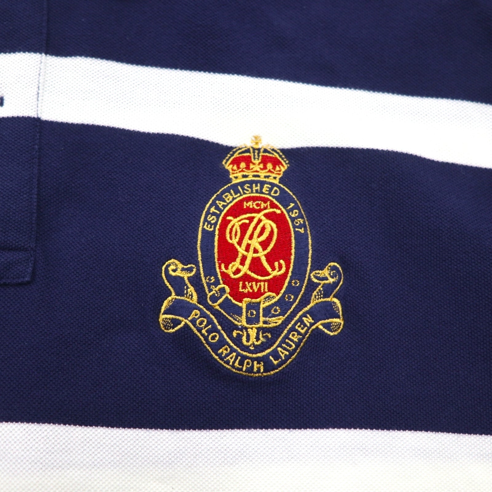 Polo by Ralph Lauren anni '90, polo a righe, taglia XL, blu navy, cotone piqué, ricamo logo stemma.