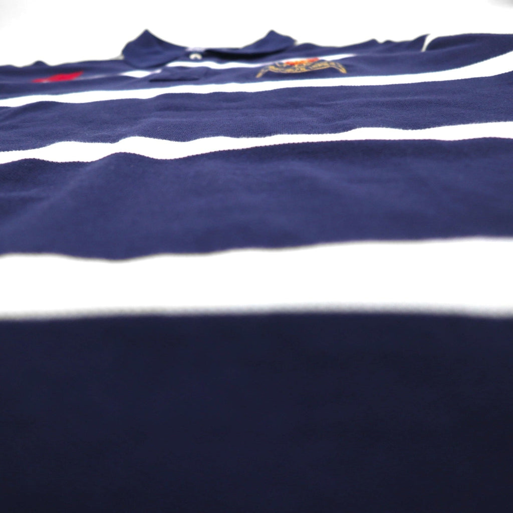 Polo by Ralph Lauren anni '90, polo a righe, taglia XL, blu navy, cotone piqué, ricamo logo stemma.