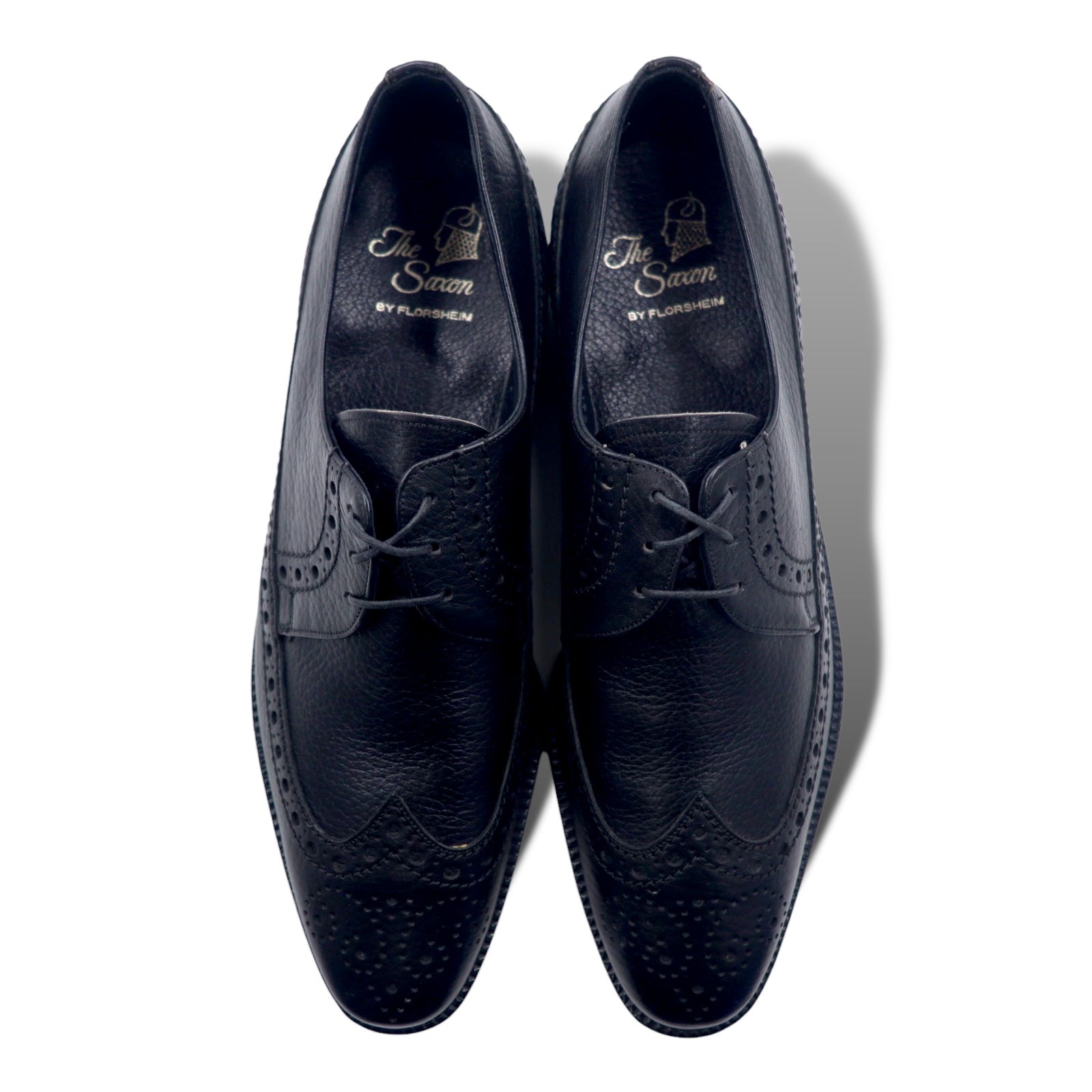 The Saxon by FLORSHEIM anni '60 wingtip scarpe eleganti 27.5cm nere pelle bottalata deadstock nuove
