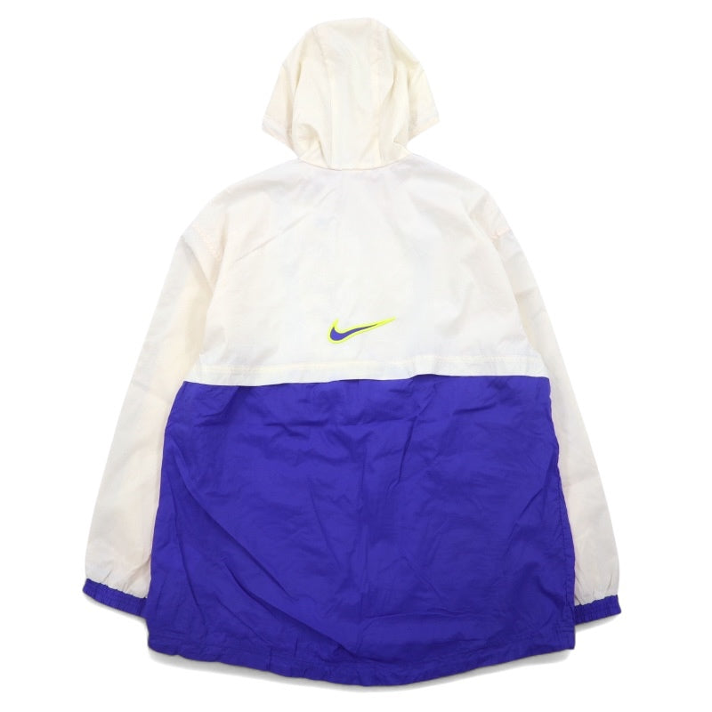 NIKE anni '90, etichetta argento, giacca a vento a pullover, taglia L, blu e bianca, in poliestere, con Swoosh, coulisse