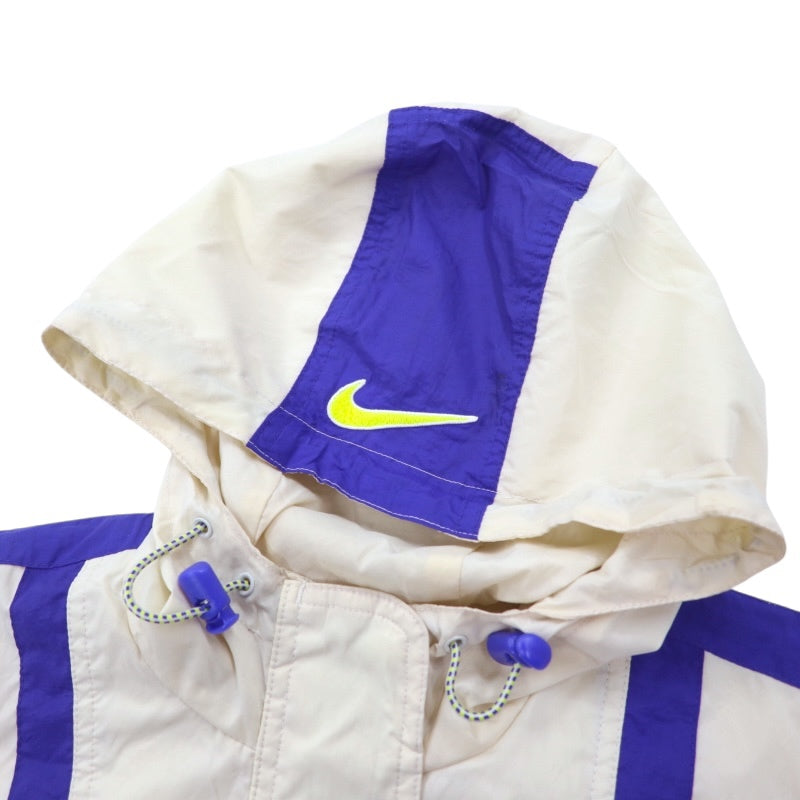 NIKE anni '90, etichetta argento, giacca a vento a pullover, taglia L, blu e bianca, in poliestere, con Swoosh, coulisse