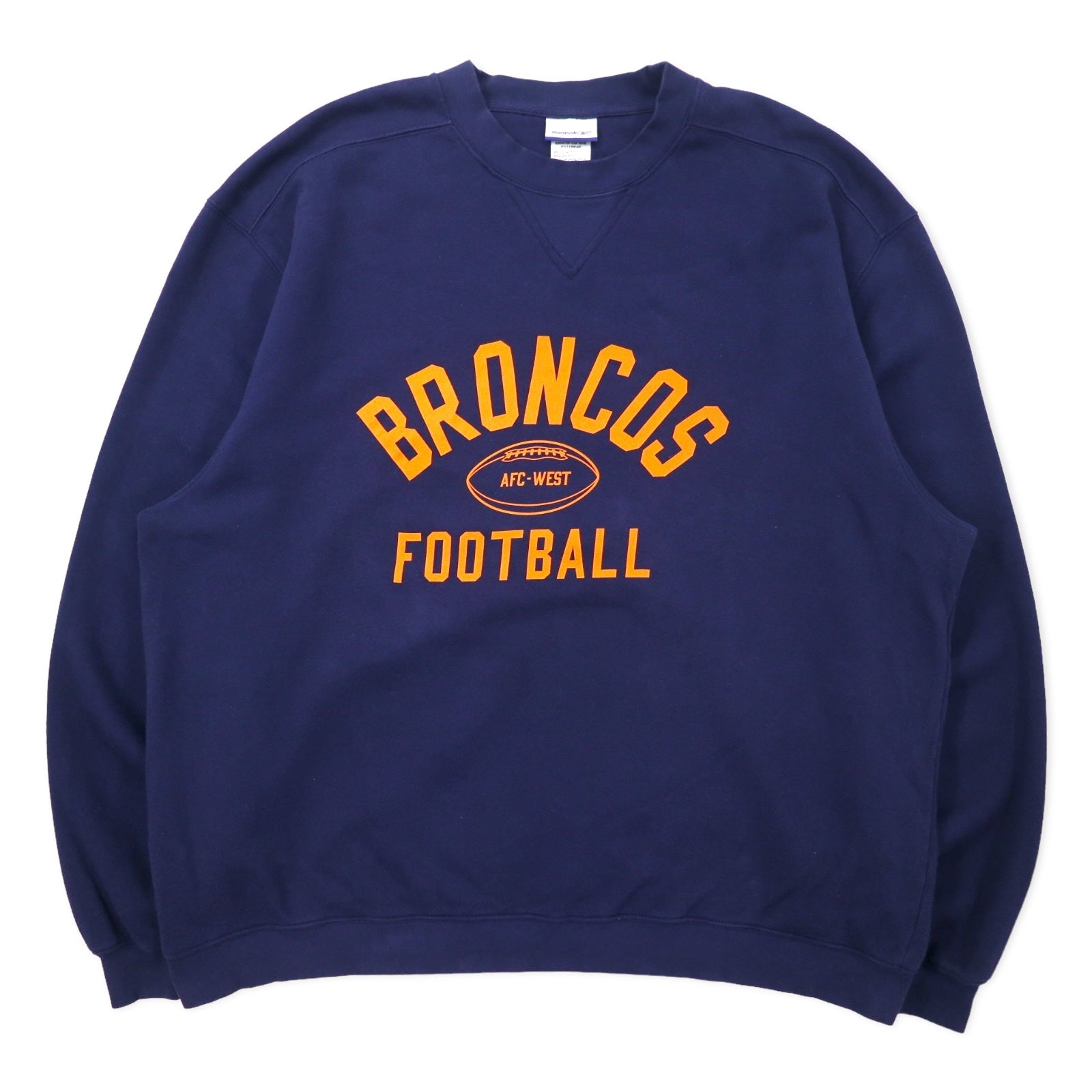 Reebok anni '00 NFL Stampa Felpa XL Blu scuro Cotone Felpata Fodera interna con V sul davanti BRONCOS FOOTBALL Oversize