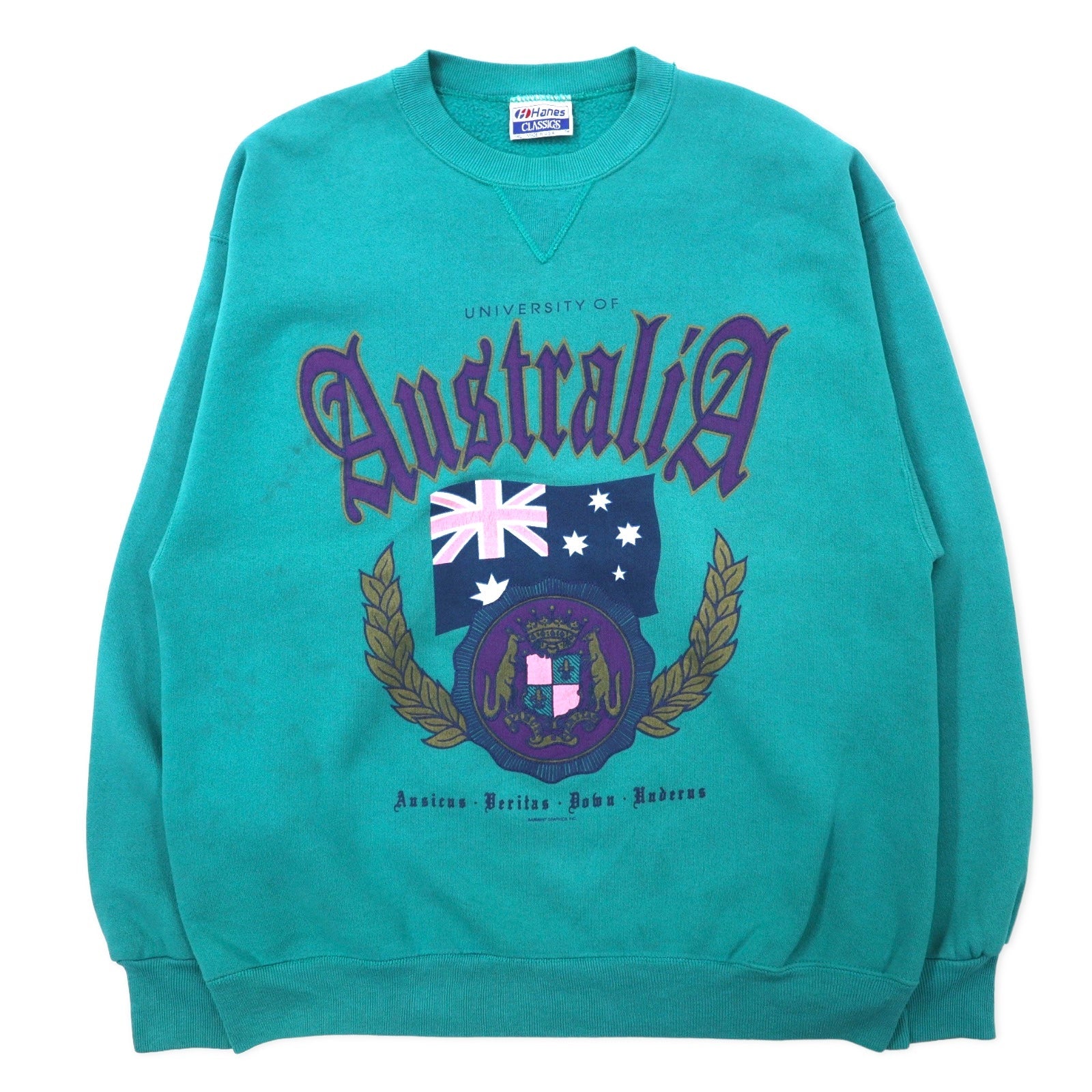 Hanes USA 90s CLASSICS Felpa Stampa College XL Verde Cotone UNIVERSITY OF AUSTRALIA Logo ad arco