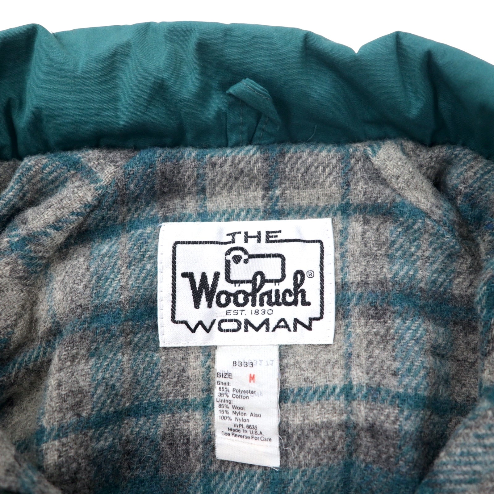 Woolrich USA, anni '70, parka da montagna, taglia M, verde, misto poliestere/cotone 65/35, fodera in coperta, cappuccio staccabile, coulisse, etichetta bianca