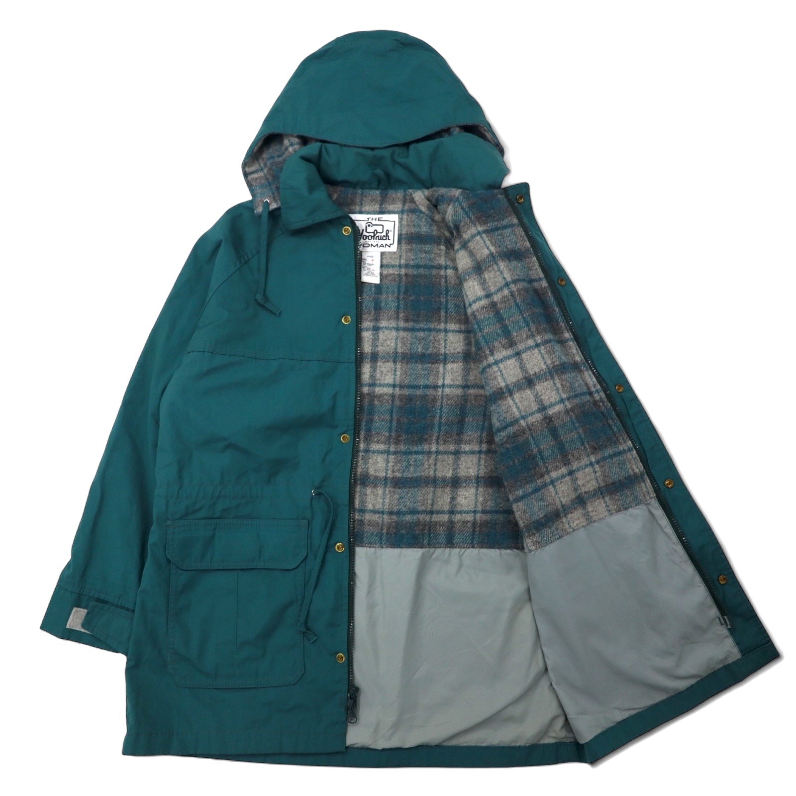 Woolrich USA, anni '70, parka da montagna, taglia M, verde, misto poliestere/cotone 65/35, fodera in coperta, cappuccio staccabile, coulisse, etichetta bianca