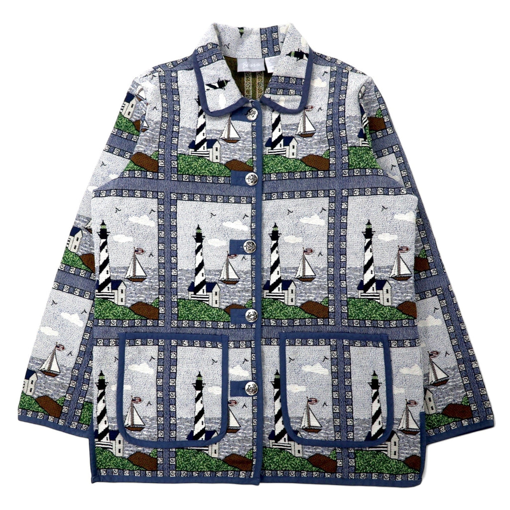 Giacca Blair in jacquard gobelin anni '90, taglia M, blu, fantasia integrale, faro, cotone