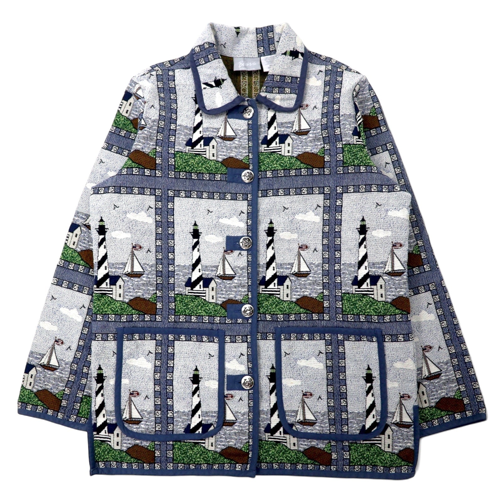 Giacca Blair in jacquard gobelin anni '90, taglia M, blu, fantasia integrale, faro, cotone