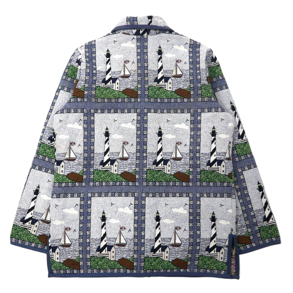 Giacca Blair in jacquard gobelin anni '90, taglia M, blu, fantasia integrale, faro, cotone