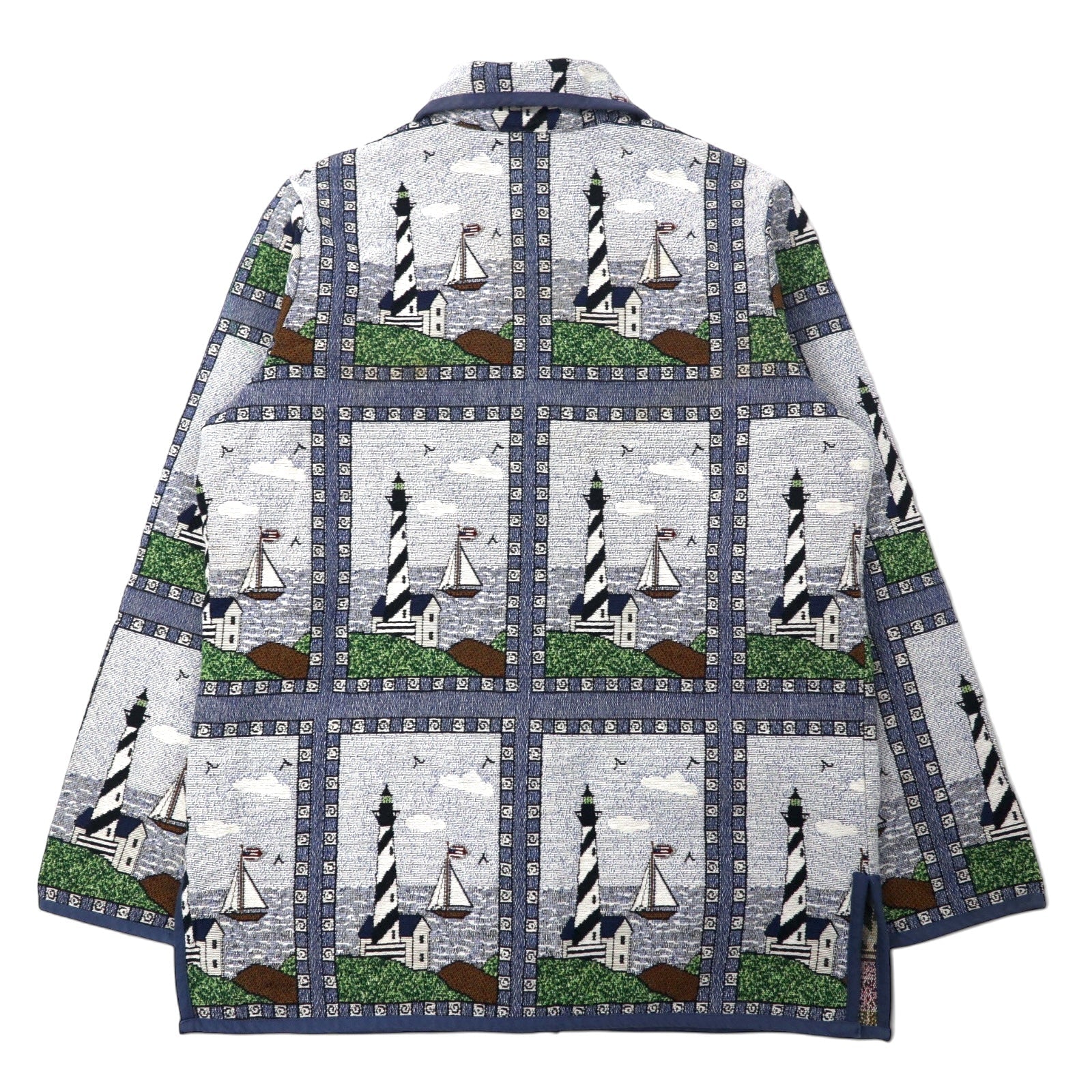 Giacca Blair in jacquard gobelin anni '90, taglia M, blu, fantasia integrale, faro, cotone