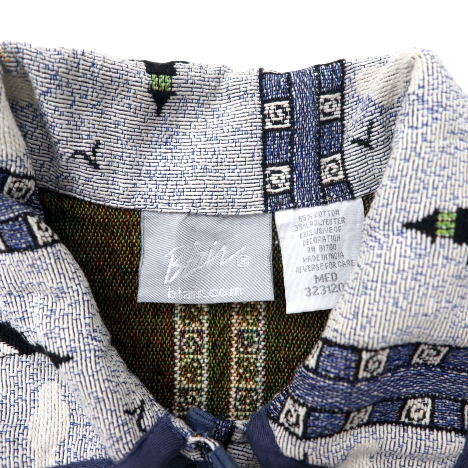 Giacca Blair in jacquard gobelin anni '90, taglia M, blu, fantasia integrale, faro, cotone