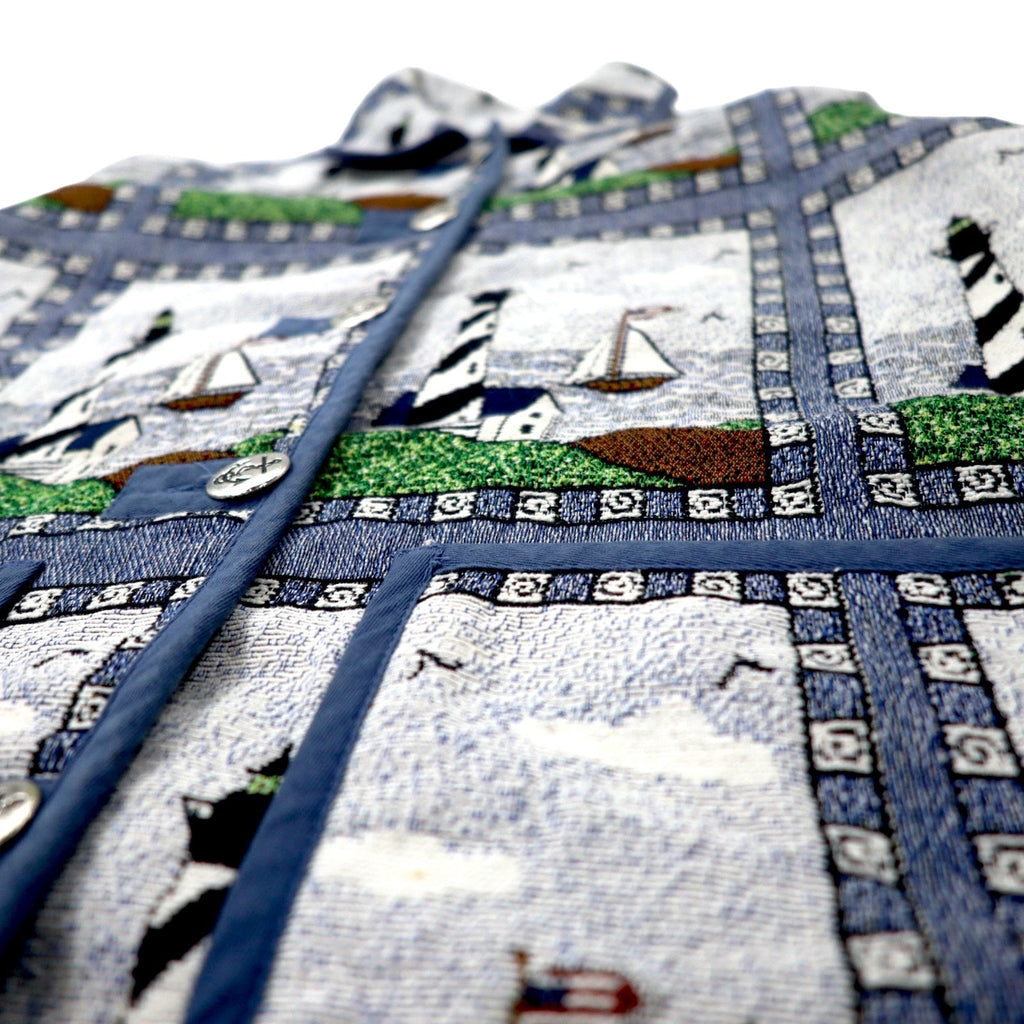 Giacca Blair in jacquard gobelin anni '90, taglia M, blu, fantasia integrale, faro, cotone