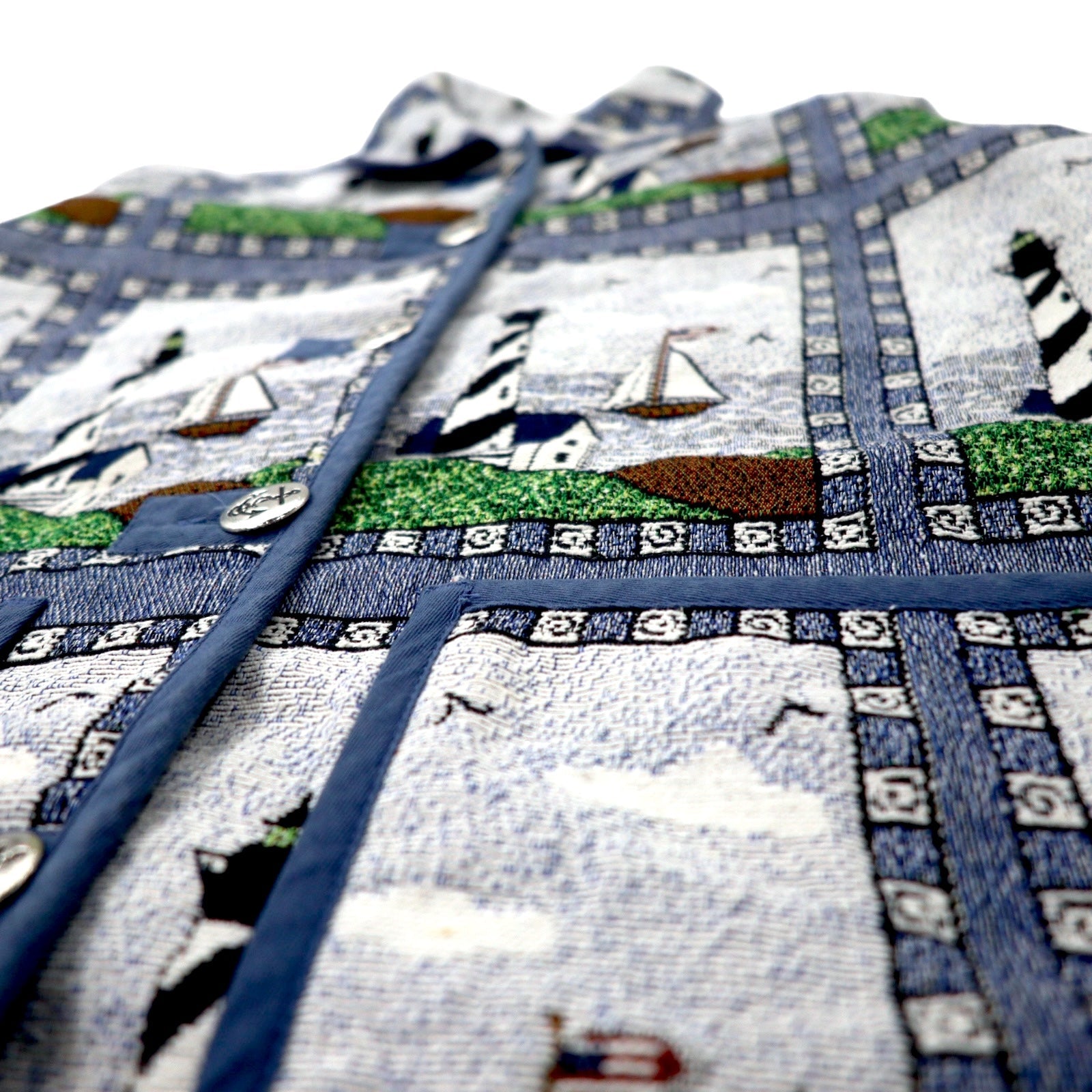 Giacca Blair in jacquard gobelin anni '90, taglia M, blu, fantasia integrale, faro, cotone