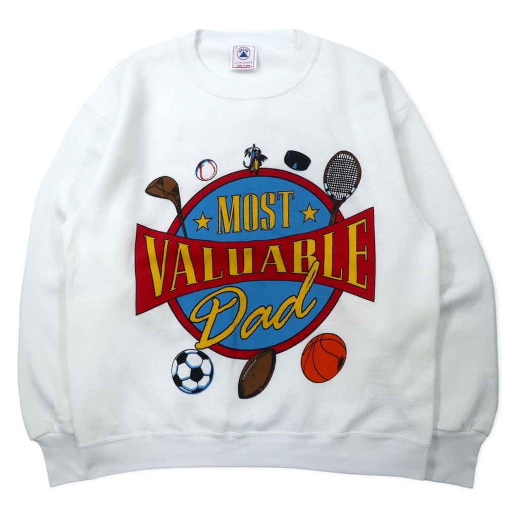 DELTA Made in USA Anni '90 Felpa stampata FIFTY-FIFTY L Bianca Cotone Felpata all'interno MOST VALUABLE DAD
