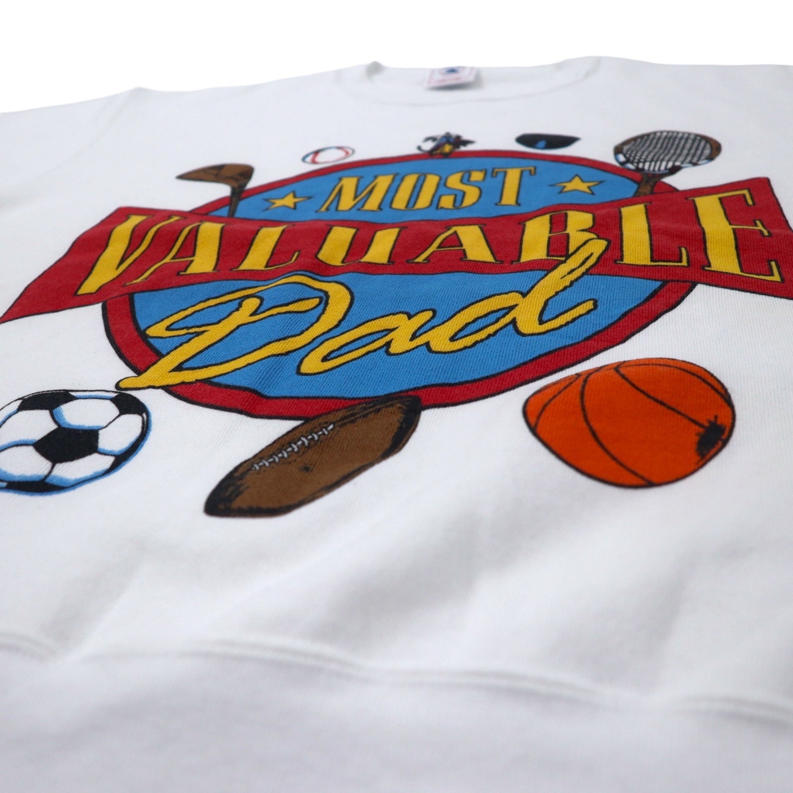 DELTA Made in USA Anni '90 Felpa stampata FIFTY-FIFTY L Bianca Cotone Felpata all'interno MOST VALUABLE DAD