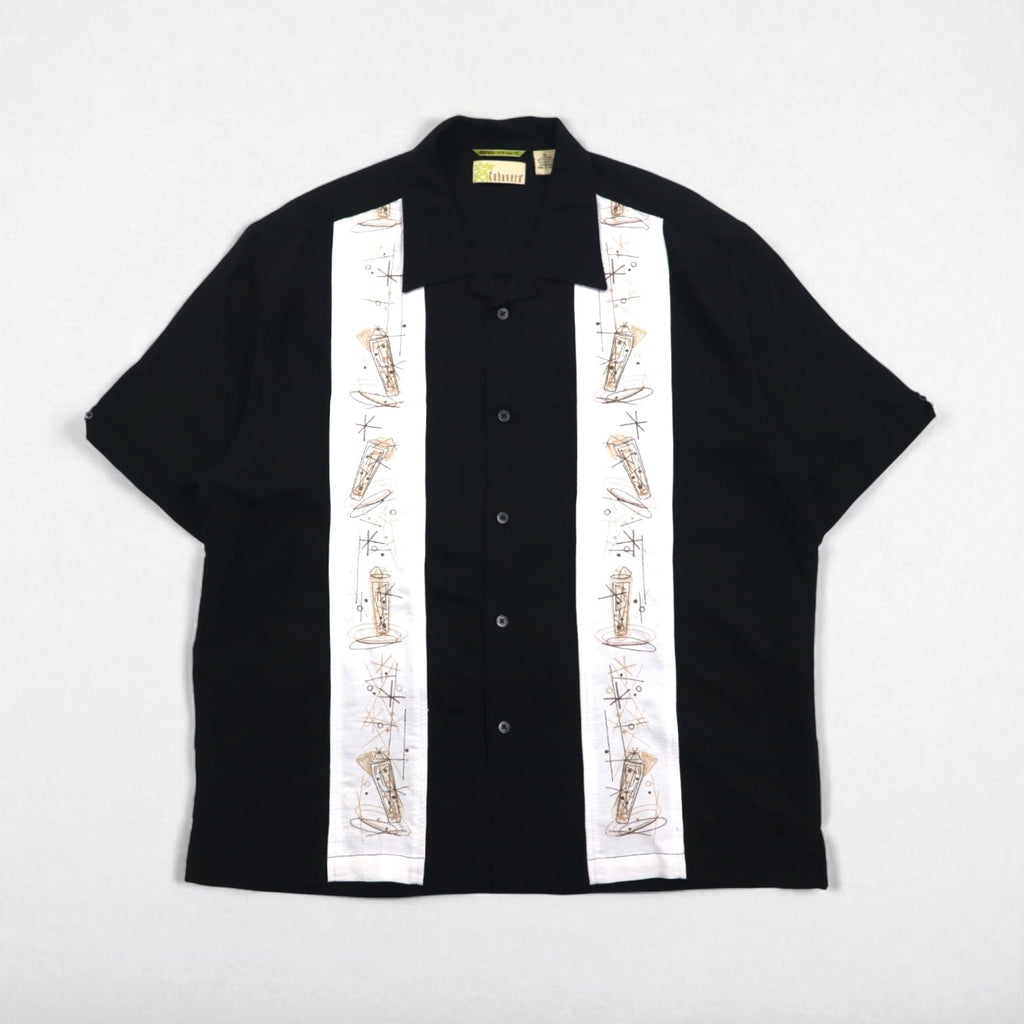 90年代 Cubavera オープンカラー キューバシャツ XL ブラック レーヨン ボックス ラインデザイン 開襟 HERITAGE FIT 刺子 刺繍