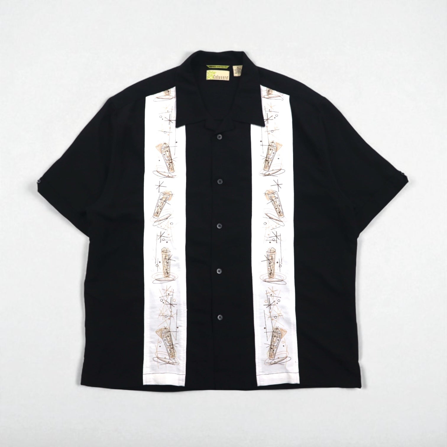 90年代 Cubavera オープンカラー キューバシャツ XL ブラック レーヨン ボックス ラインデザイン 開襟 HERITAGE FIT 刺子 刺繍
