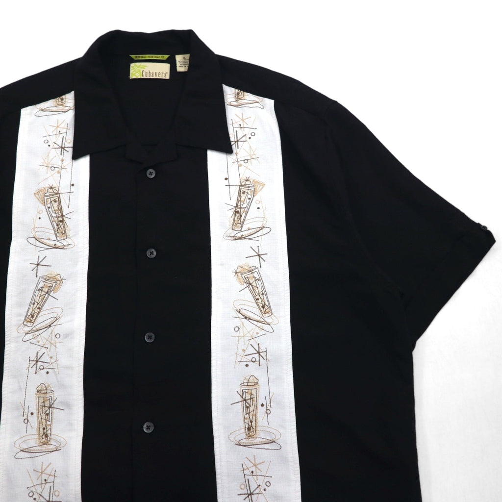 90年代 Cubavera オープンカラー キューバシャツ XL ブラック レーヨン ボックス ラインデザイン 開襟 HERITAGE FIT 刺子 刺繍
