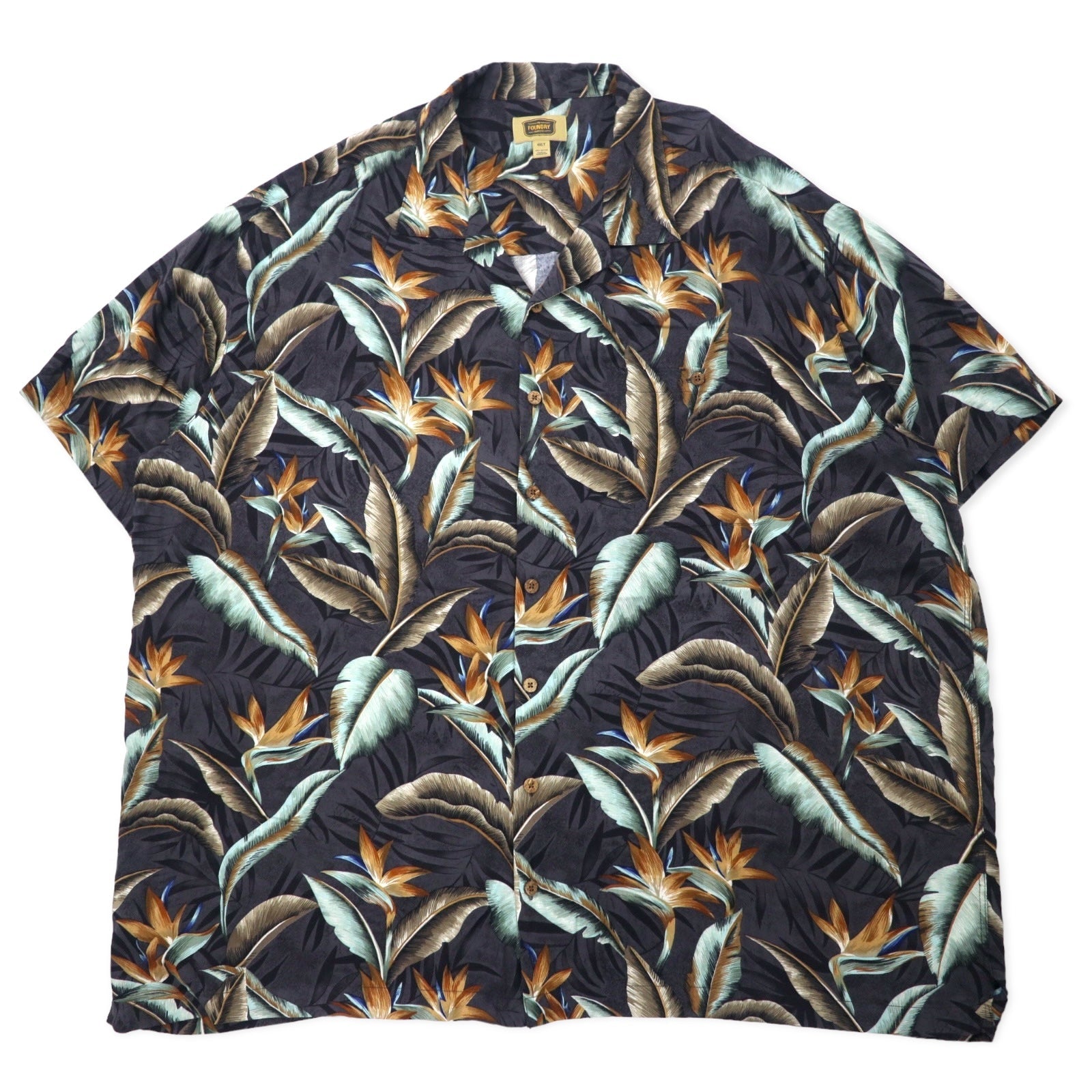 THE FOUNDRY SUPPLY CO. Camicia Aloha a collo aperto 4XLT Nera in rayon Fantasia botanical oversize