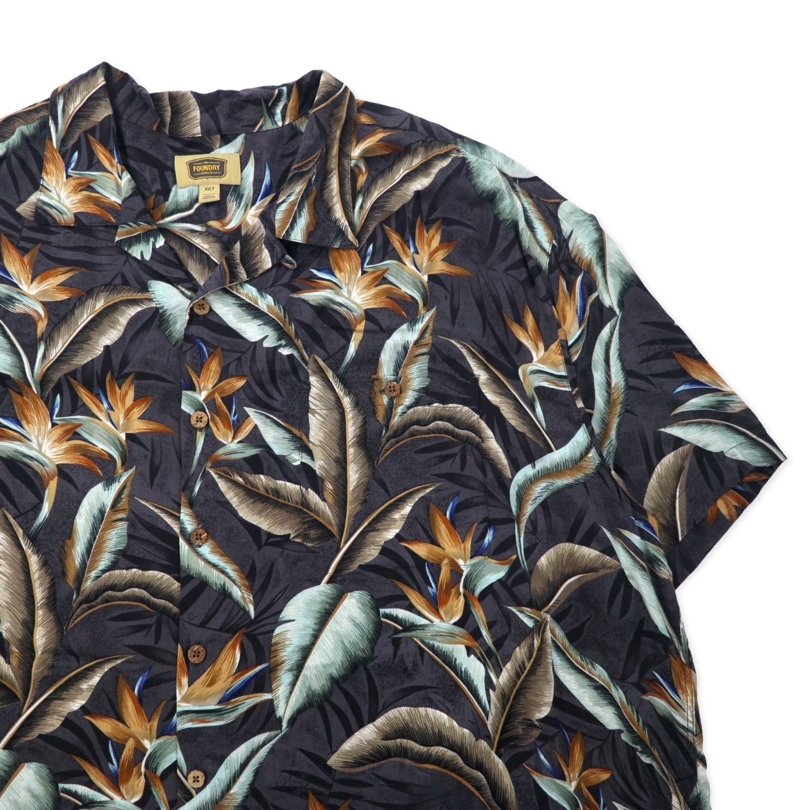 THE FOUNDRY SUPPLY CO. Camicia Aloha a collo aperto 4XLT Nera in rayon Fantasia botanical oversize