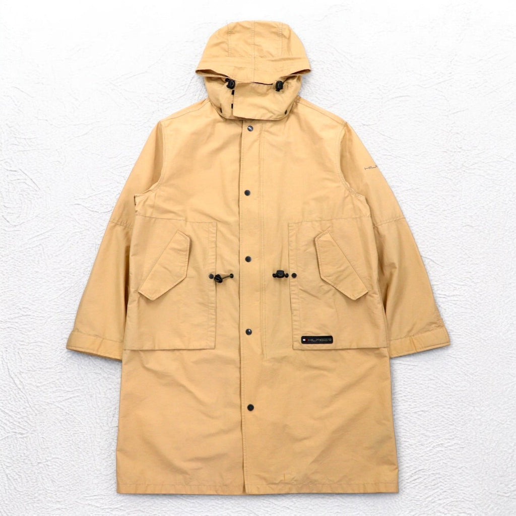 TOMMY HILFIGER anni 2000 Soprabito L Beige Nylon Impermeabile Doppia cerniera Coulisse Cappuccio staccabile