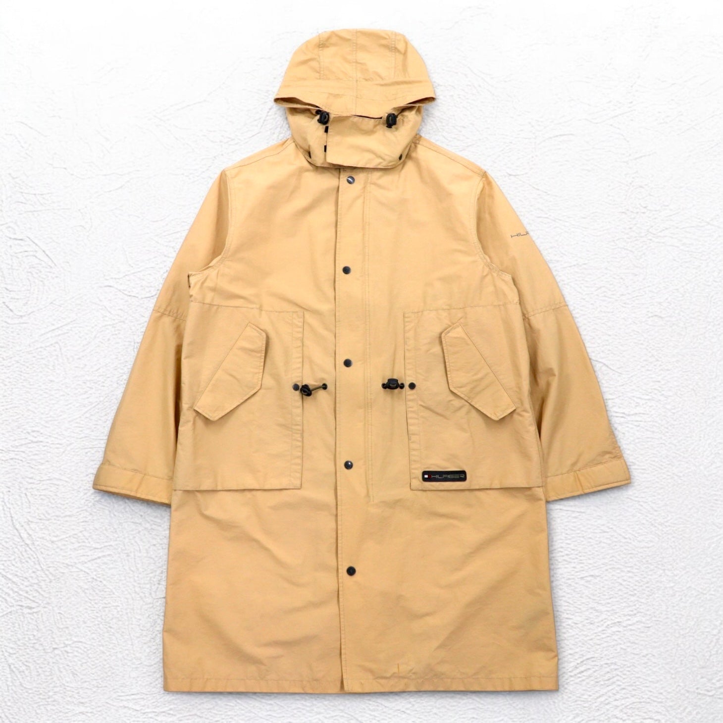 TOMMY HILFIGER anni 2000 Soprabito L Beige Nylon Impermeabile Doppia cerniera Coulisse Cappuccio staccabile