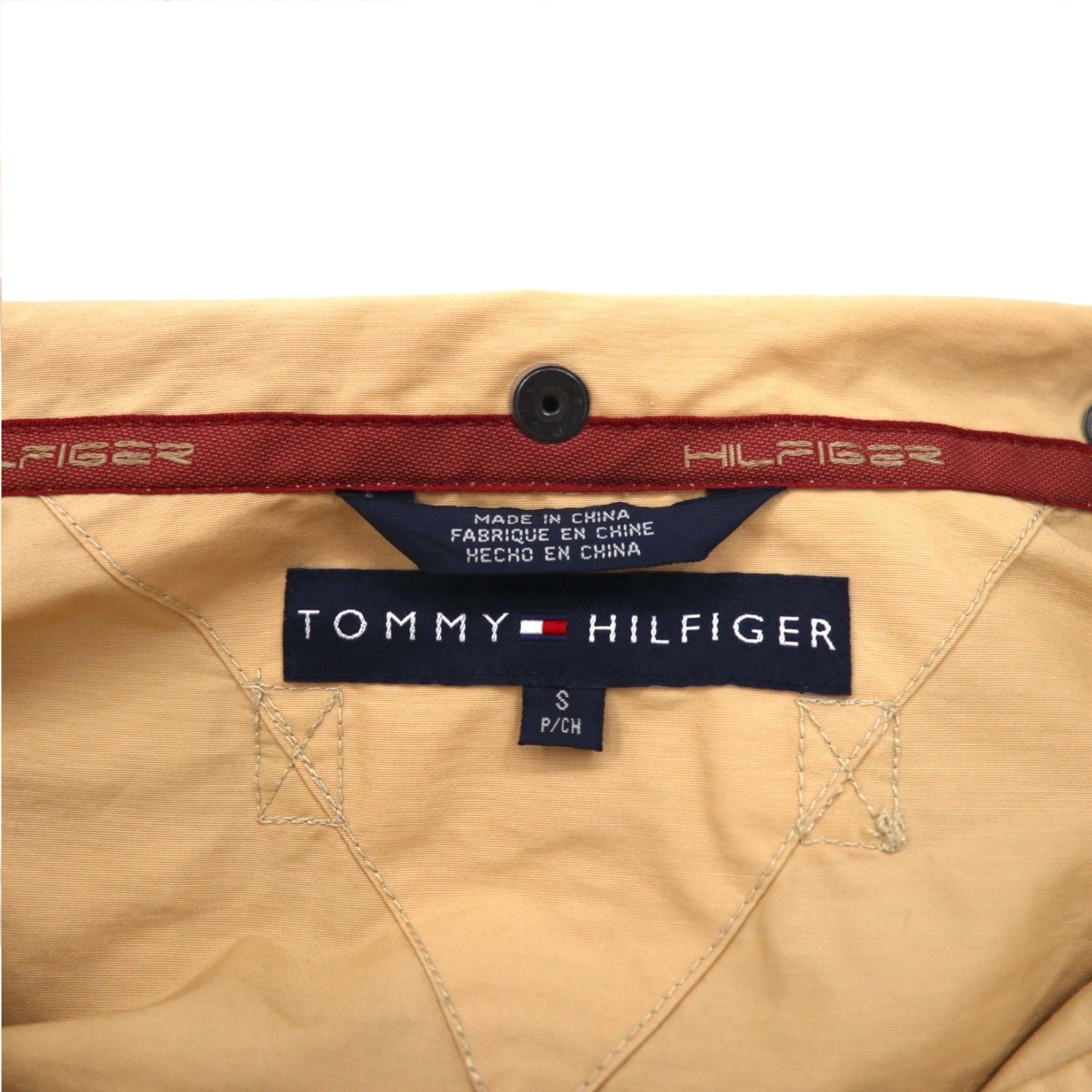 TOMMY HILFIGER anni 2000 Soprabito L Beige Nylon Impermeabile Doppia cerniera Coulisse Cappuccio staccabile