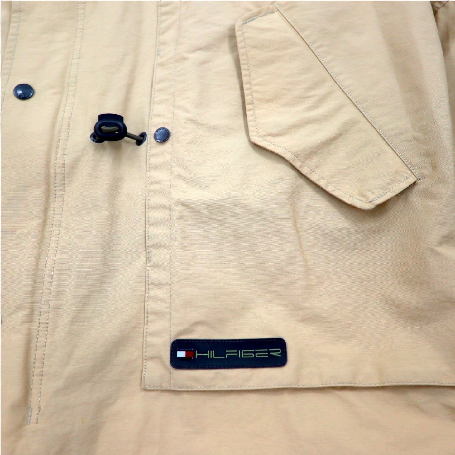 TOMMY HILFIGER anni 2000 Soprabito L Beige Nylon Impermeabile Doppia cerniera Coulisse Cappuccio staccabile