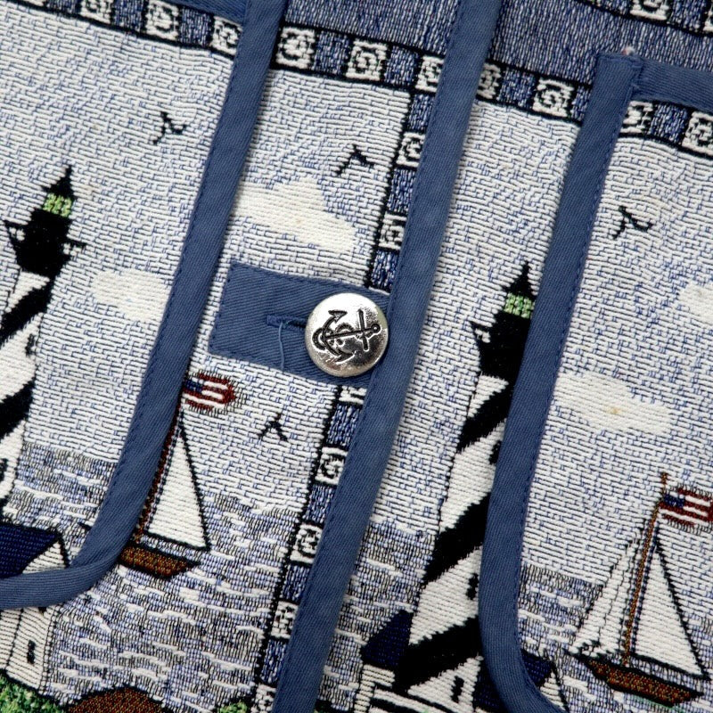 Giacca Blair in jacquard gobelin anni '90, taglia M, blu, fantasia integrale, faro, cotone