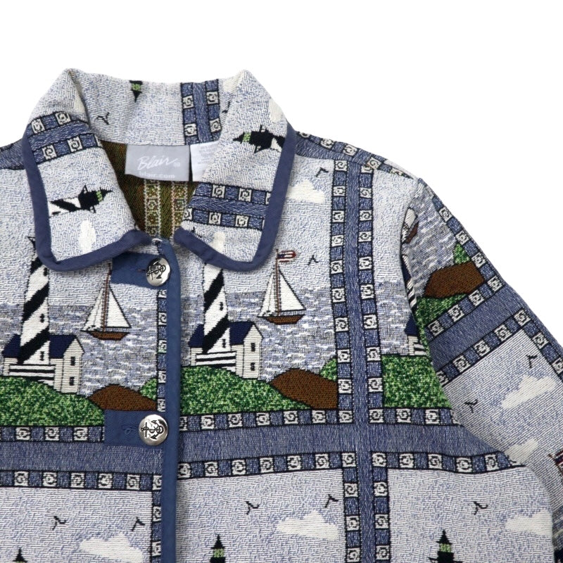 Giacca Blair in jacquard gobelin anni '90, taglia M, blu, fantasia integrale, faro, cotone