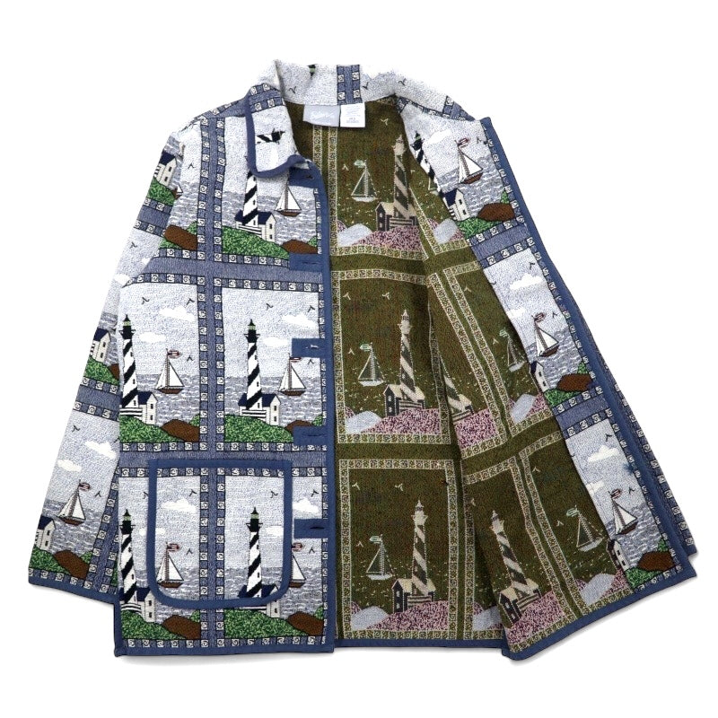 Giacca Blair in jacquard gobelin anni '90, taglia M, blu, fantasia integrale, faro, cotone