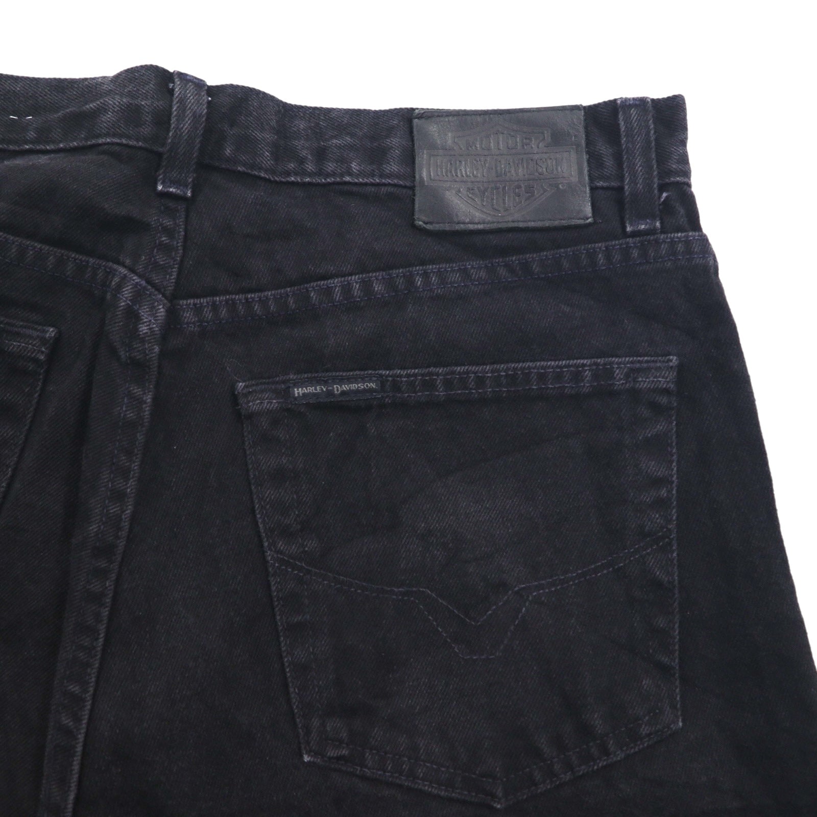 HARLEY DAVIDSON Pantaloni in denim neri anni 2000, taglia L, toppa in pelle, cerniera, made in Mexico