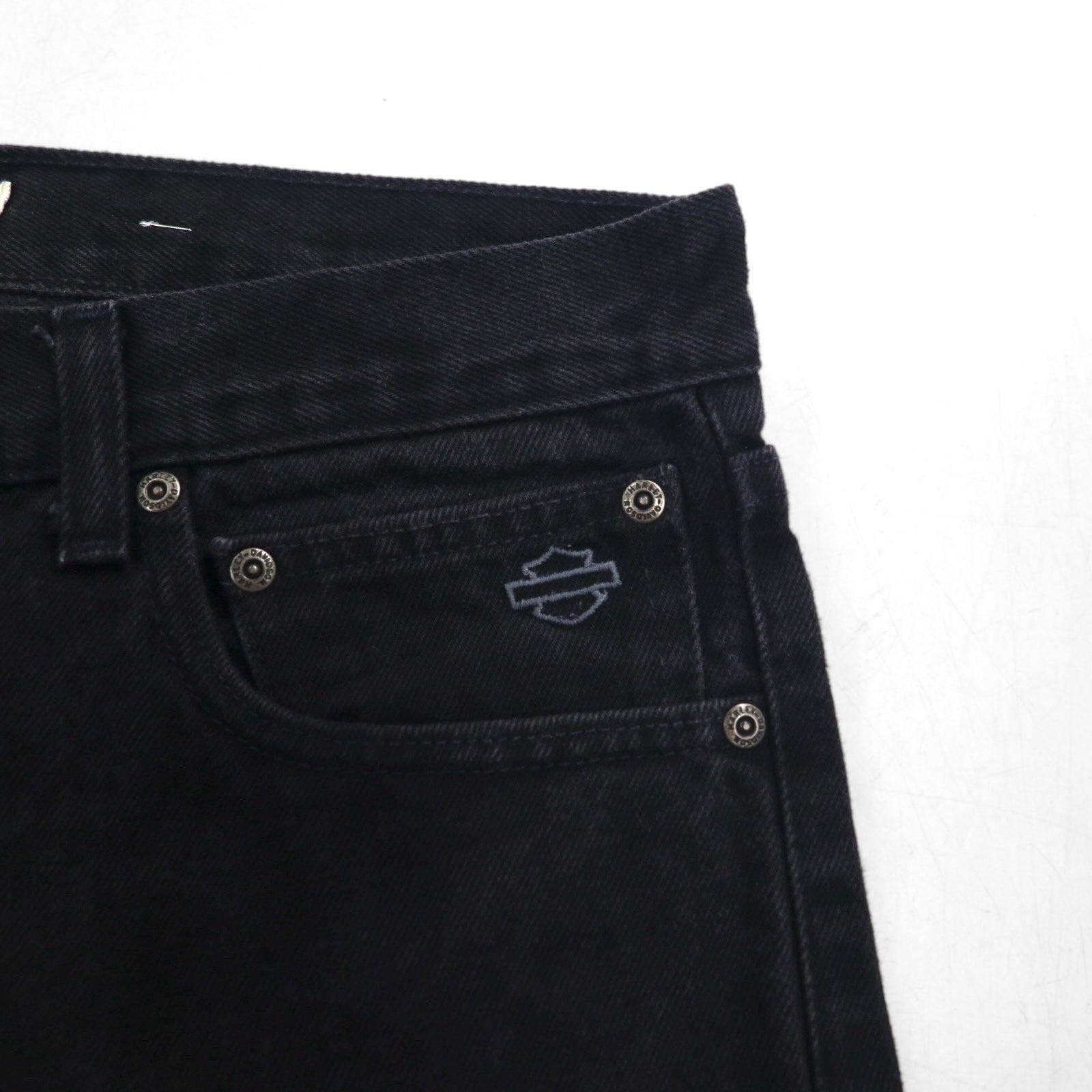 HARLEY DAVIDSON Pantaloni in denim neri anni 2000, taglia L, toppa in pelle, cerniera, made in Mexico