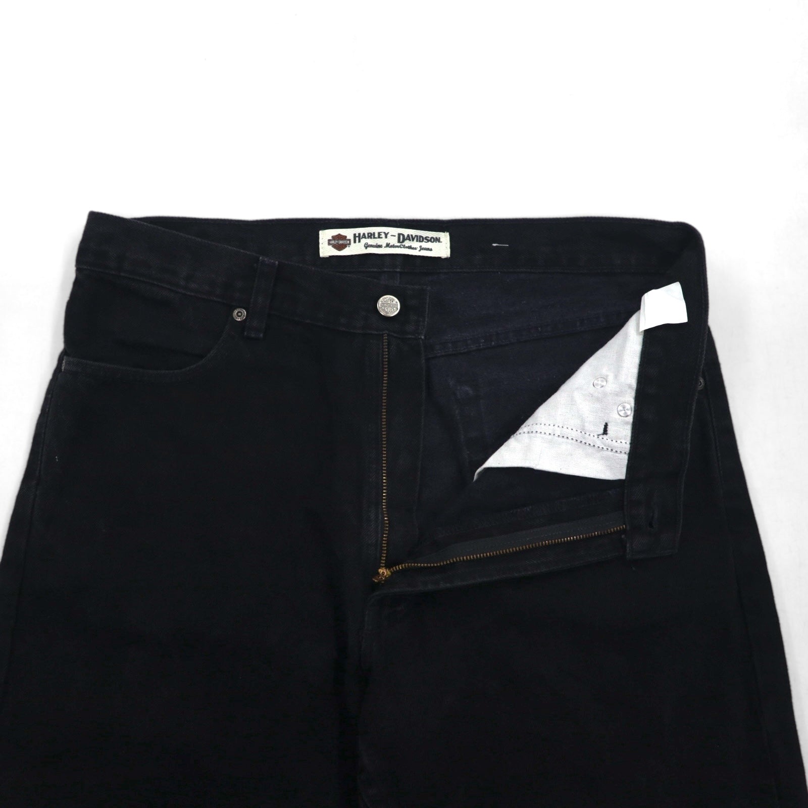 HARLEY DAVIDSON Pantaloni in denim neri anni 2000, taglia L, toppa in pelle, cerniera, made in Mexico