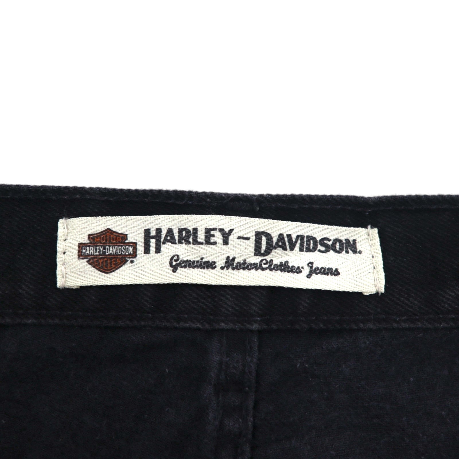 HARLEY DAVIDSON Pantaloni in denim neri anni 2000, taglia L, toppa in pelle, cerniera, made in Mexico