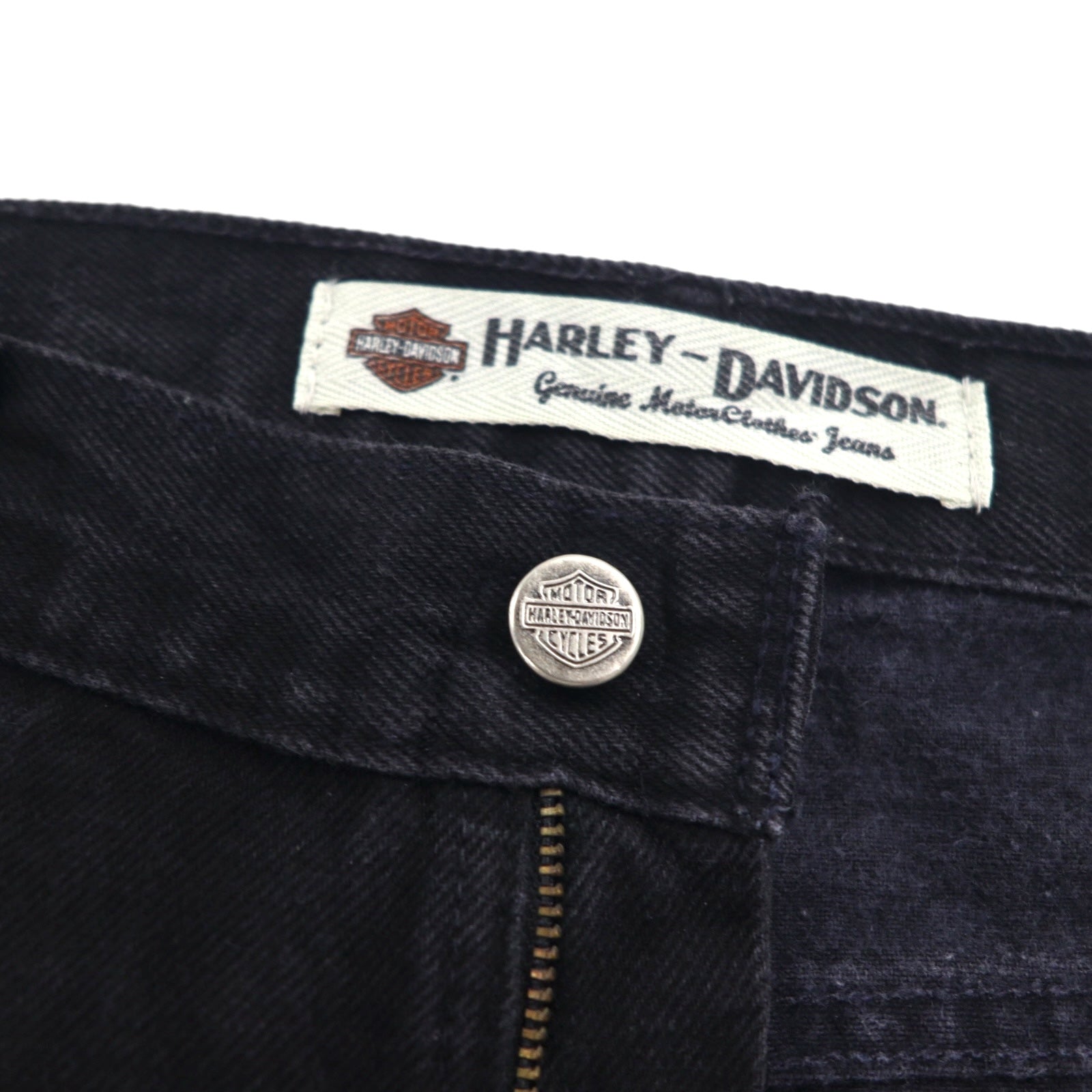 HARLEY DAVIDSON Pantaloni in denim neri anni 2000, taglia L, toppa in pelle, cerniera, made in Mexico