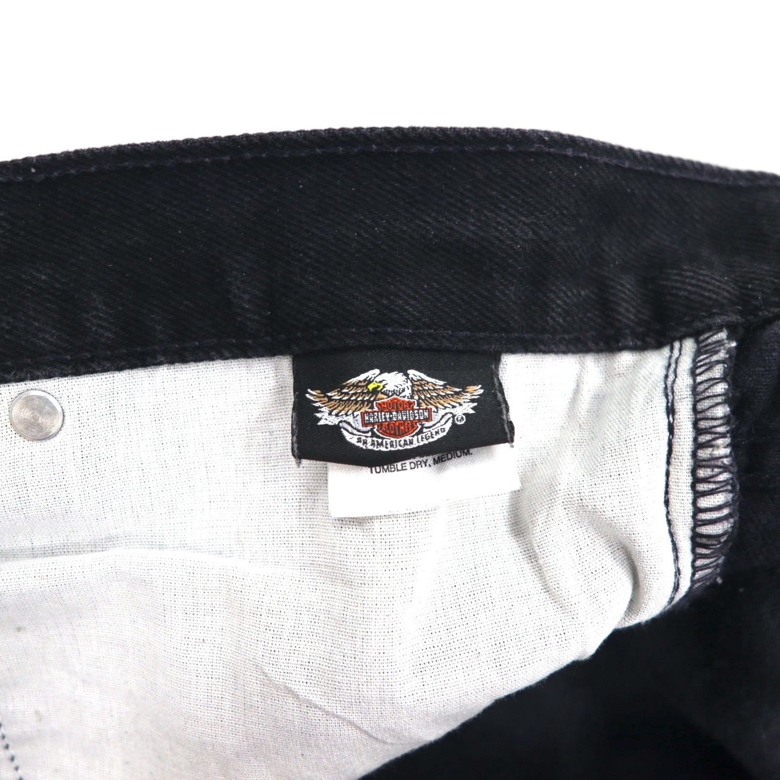 HARLEY DAVIDSON Pantaloni in denim neri anni 2000, taglia L, toppa in pelle, cerniera, made in Mexico