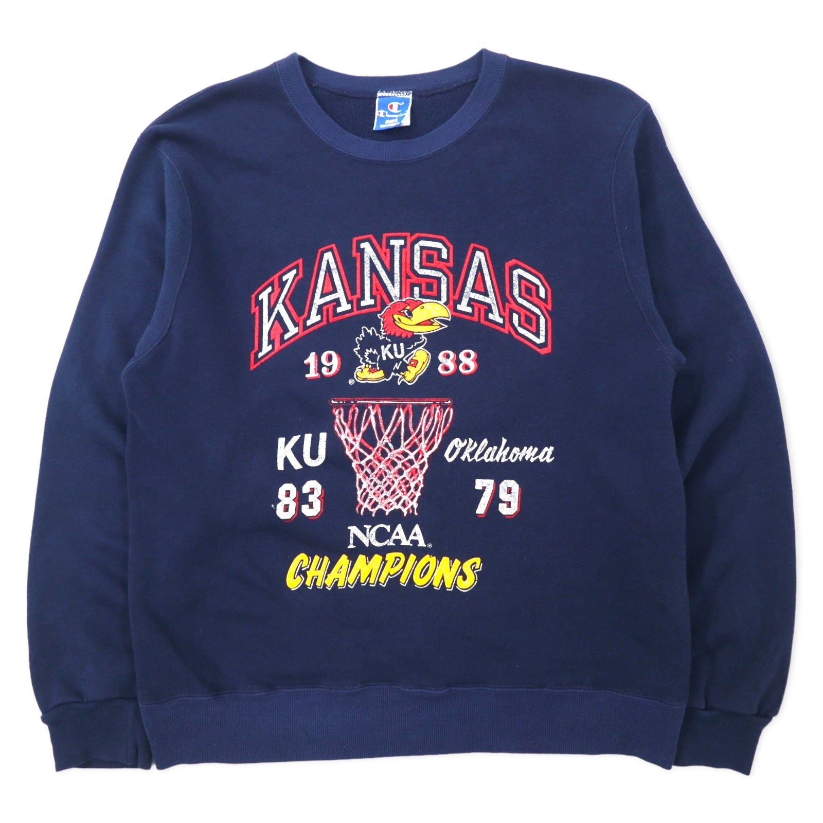 Champion Made in USA Anni '80 Stampa college Felpa L Blu navy Cotone NCAA Football KANSAS Logo ad arco Etichetta ricamata