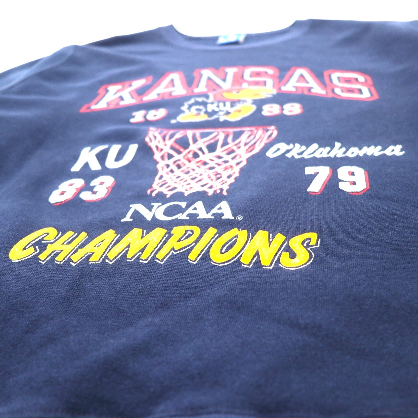 Champion Made in USA Anni '80 Stampa college Felpa L Blu navy Cotone NCAA Football KANSAS Logo ad arco Etichetta ricamata