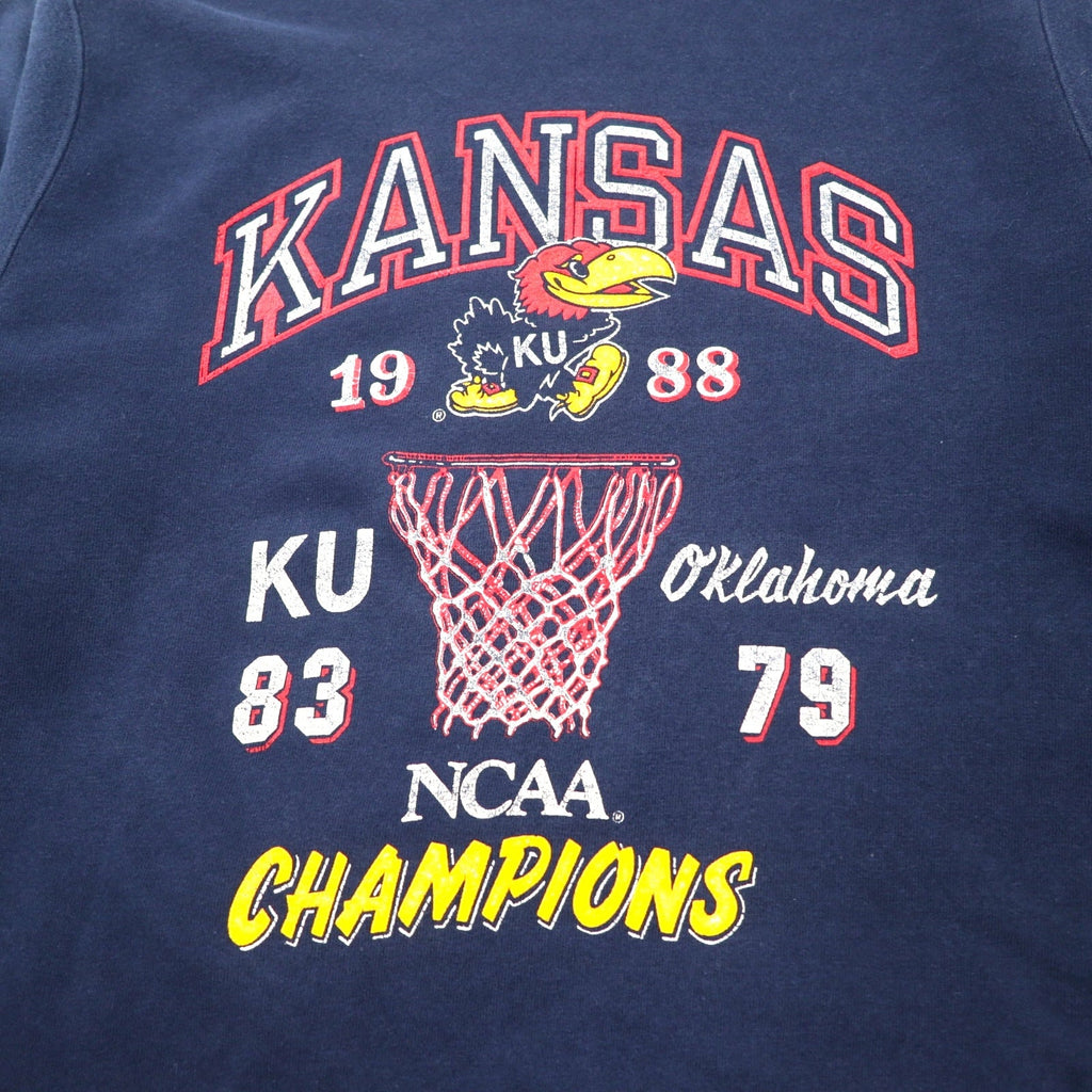 Champion Made in USA Anni '80 Stampa college Felpa L Blu navy Cotone NCAA Football KANSAS Logo ad arco Etichetta ricamata