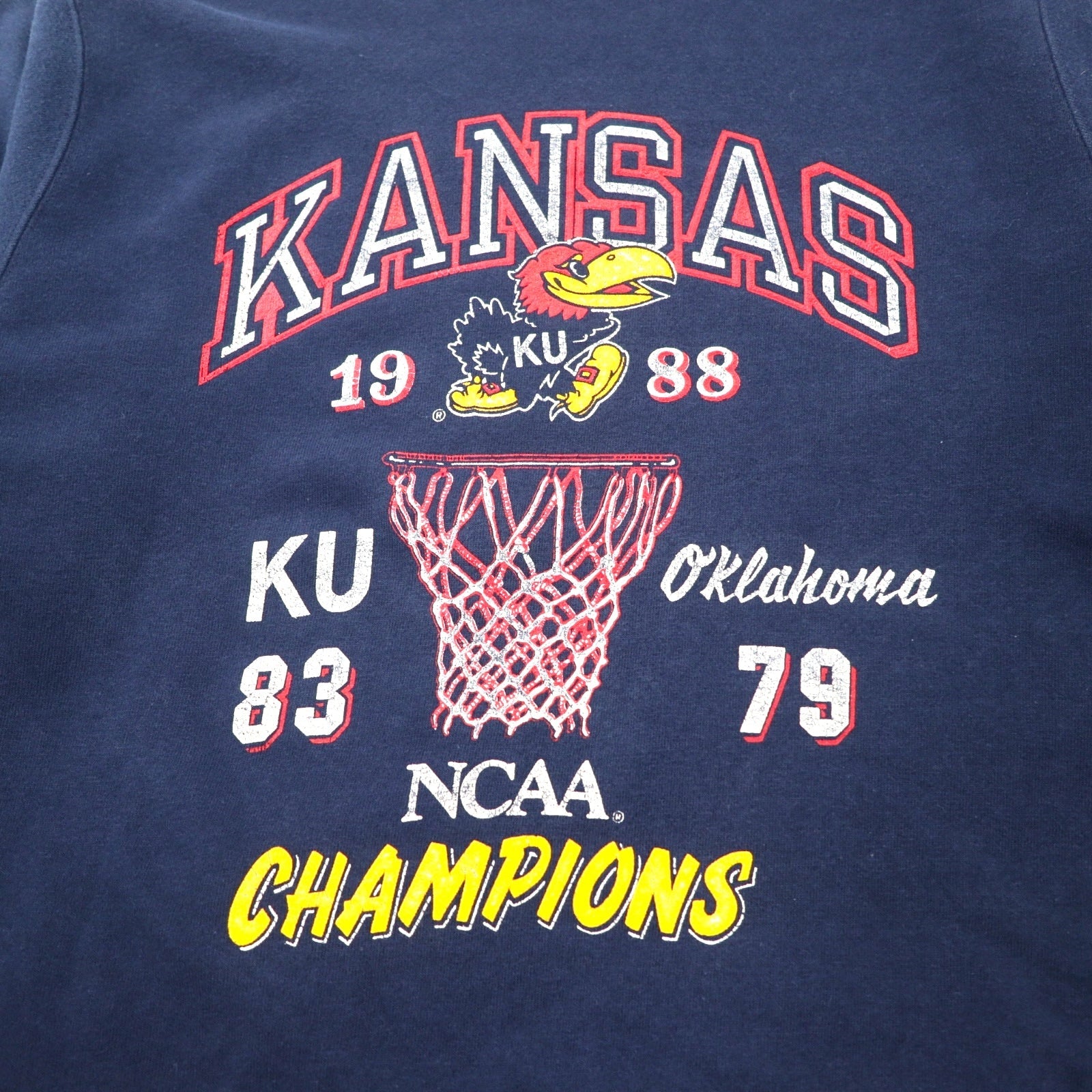 Champion Made in USA Anni '80 Stampa college Felpa L Blu navy Cotone NCAA Football KANSAS Logo ad arco Etichetta ricamata