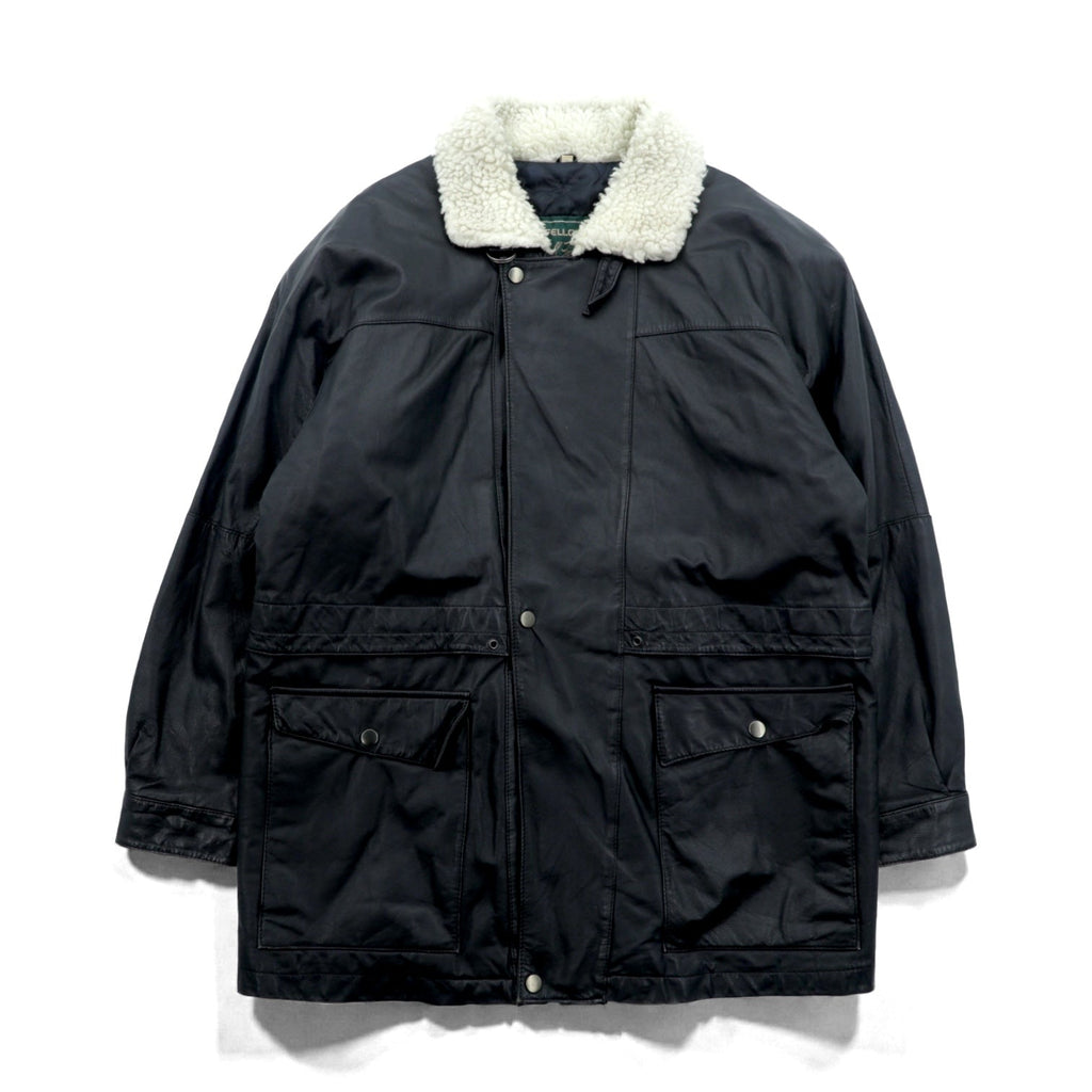 CLUB FELLOW 90年代 ヴィンテージ 襟ボア 中綿 レザーコート XL ブラック キルティングライナー 比翼 ジップアップ Marshall Fields