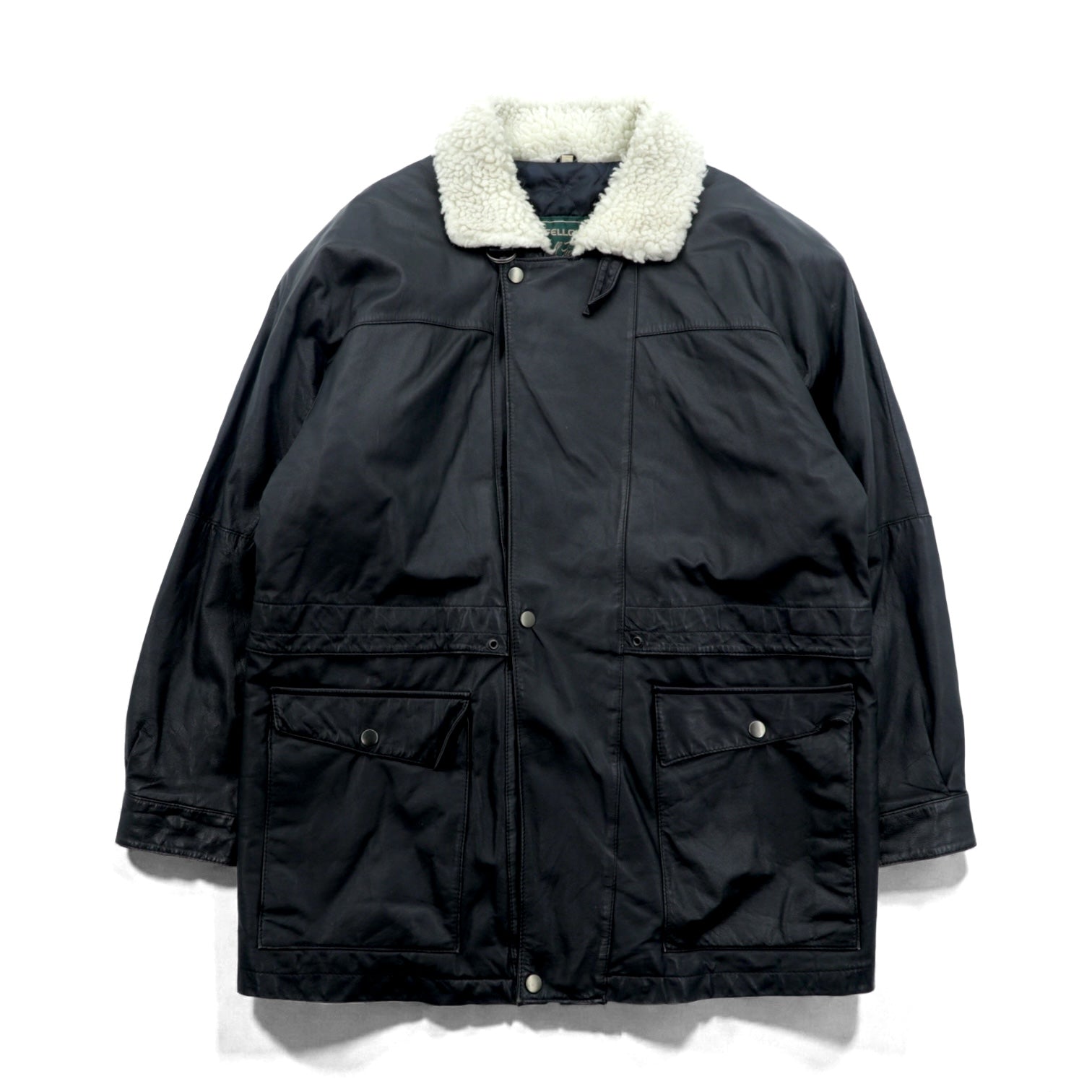 CLUB FELLOW 90年代 ヴィンテージ 襟ボア 中綿 レザーコート XL ブラック キルティングライナー 比翼 ジップアップ Marshall Fields