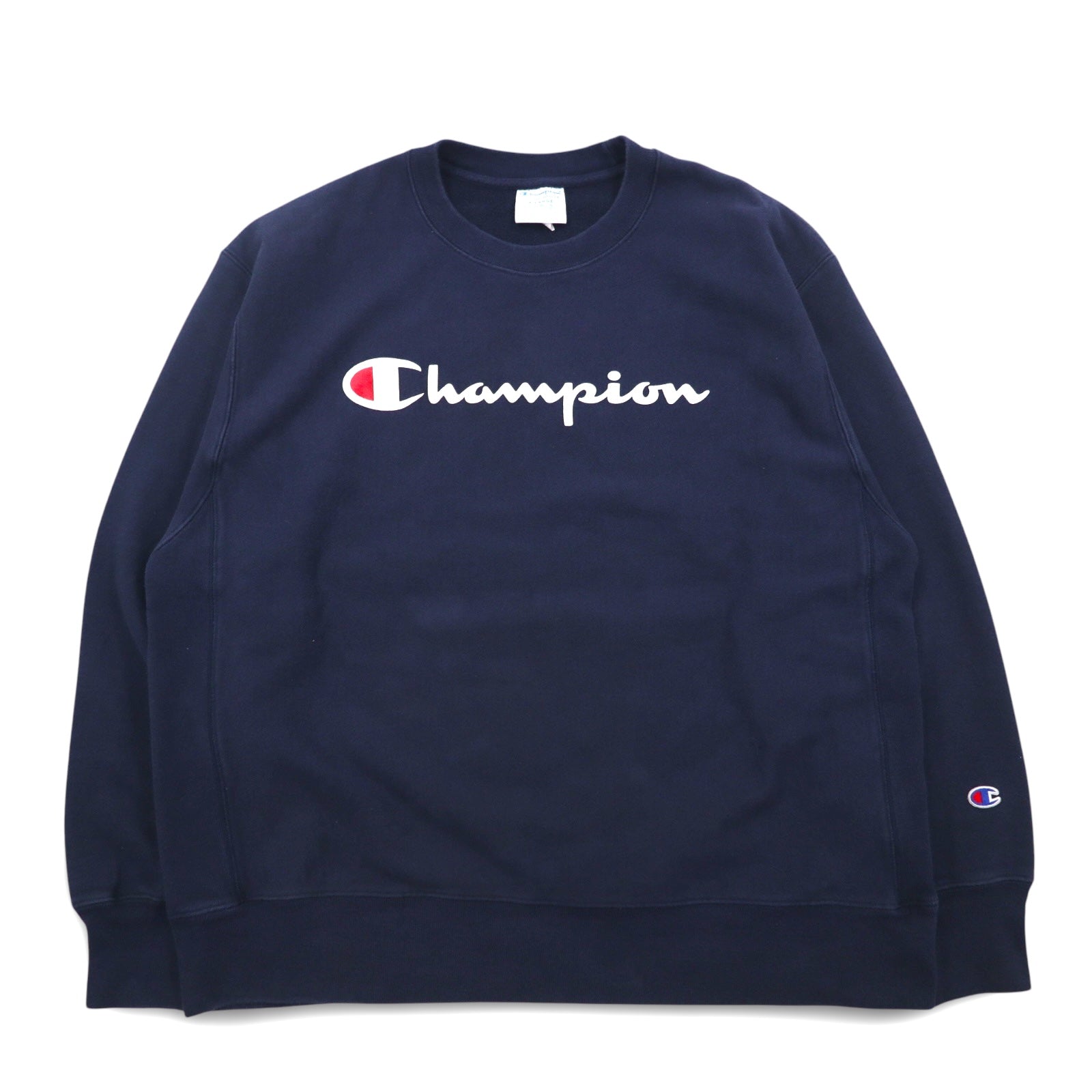 Champion Reverse Weave, felpa stampata con logo script, 3XL, blu navy, replica etichetta blu singola, Made in El Salvador.
