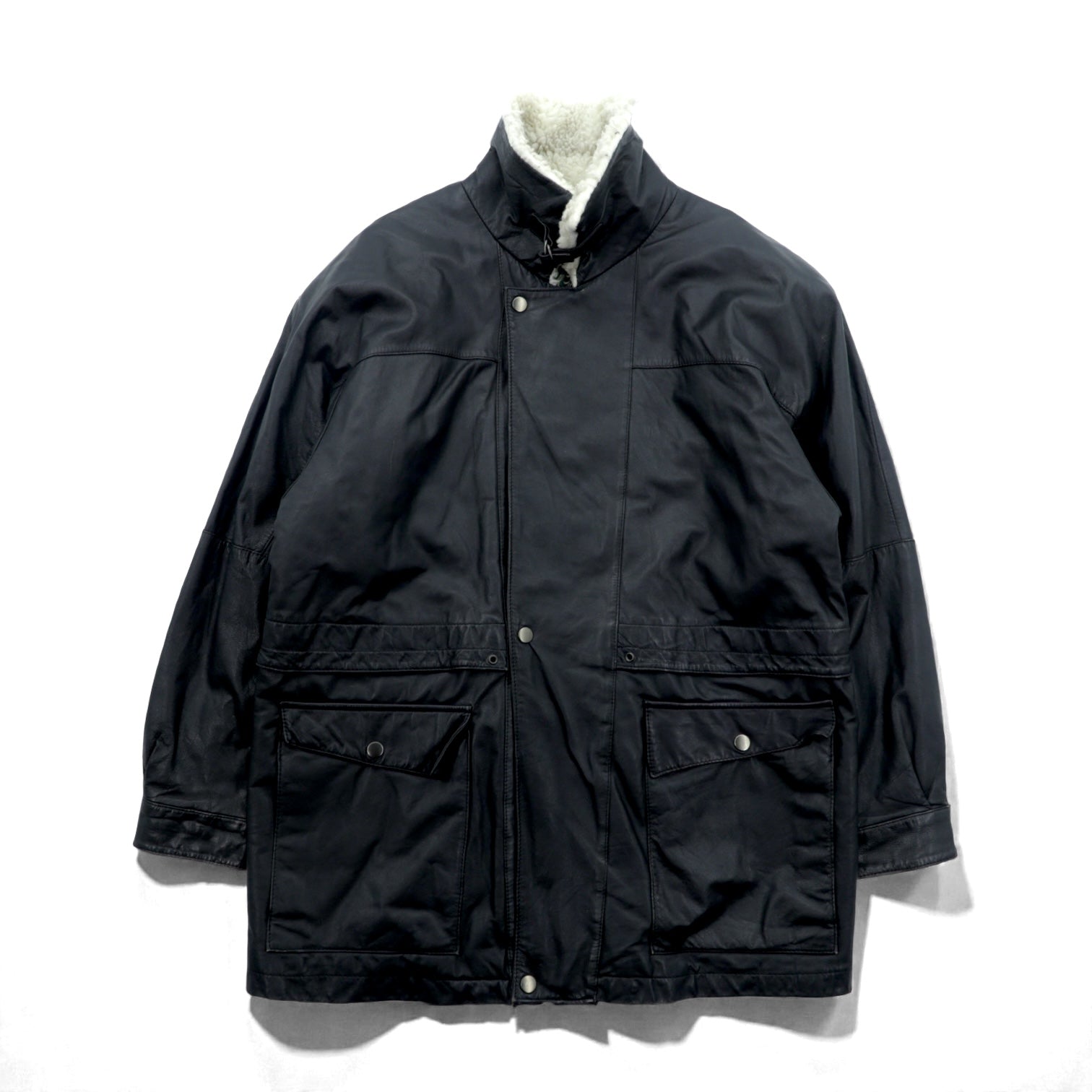 CLUB FELLOW 90年代 ヴィンテージ 襟ボア 中綿 レザーコート XL ブラック キルティングライナー 比翼 ジップアップ Marshall Fields